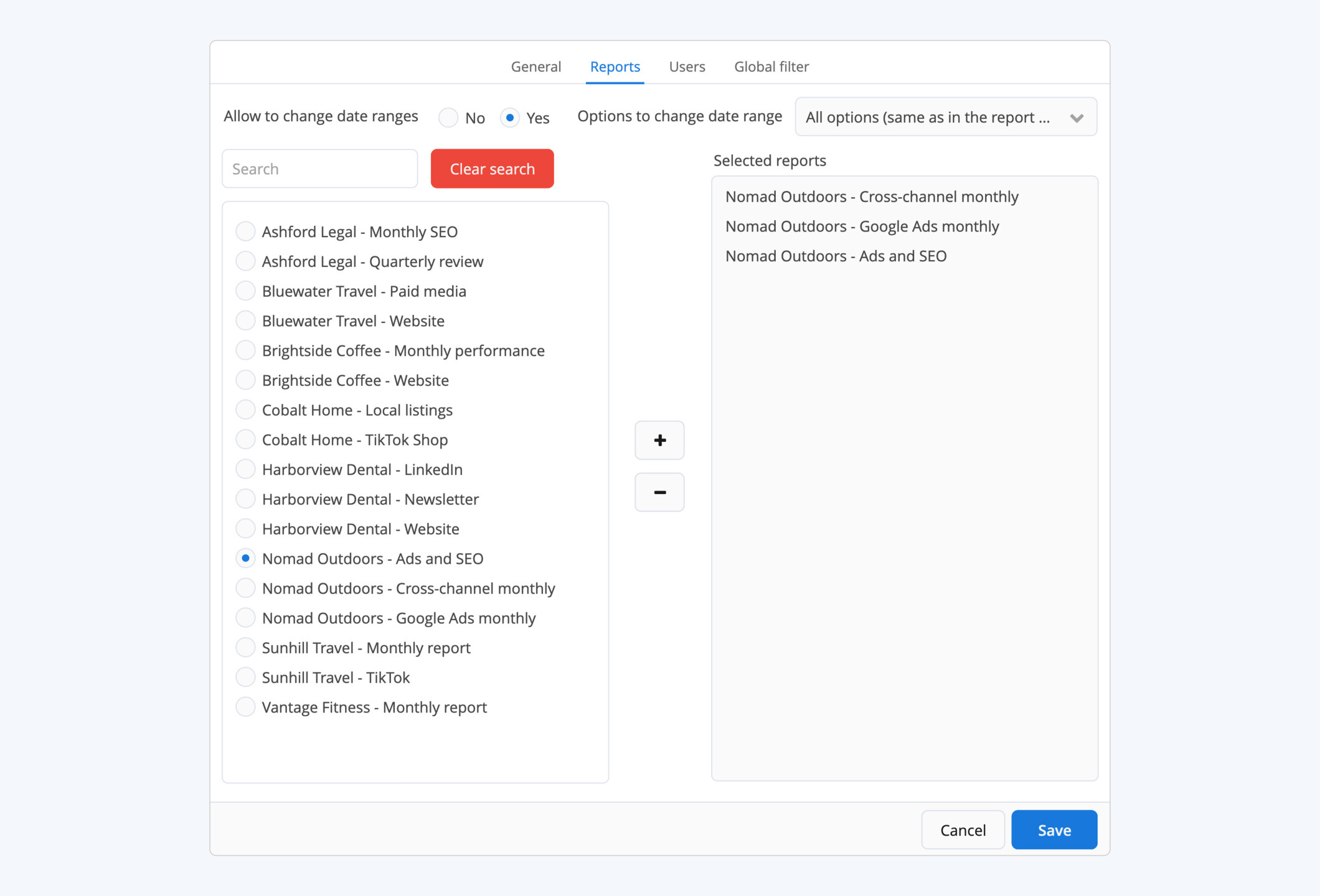 Client portal view: the reports a client can see and whether they can change the date range