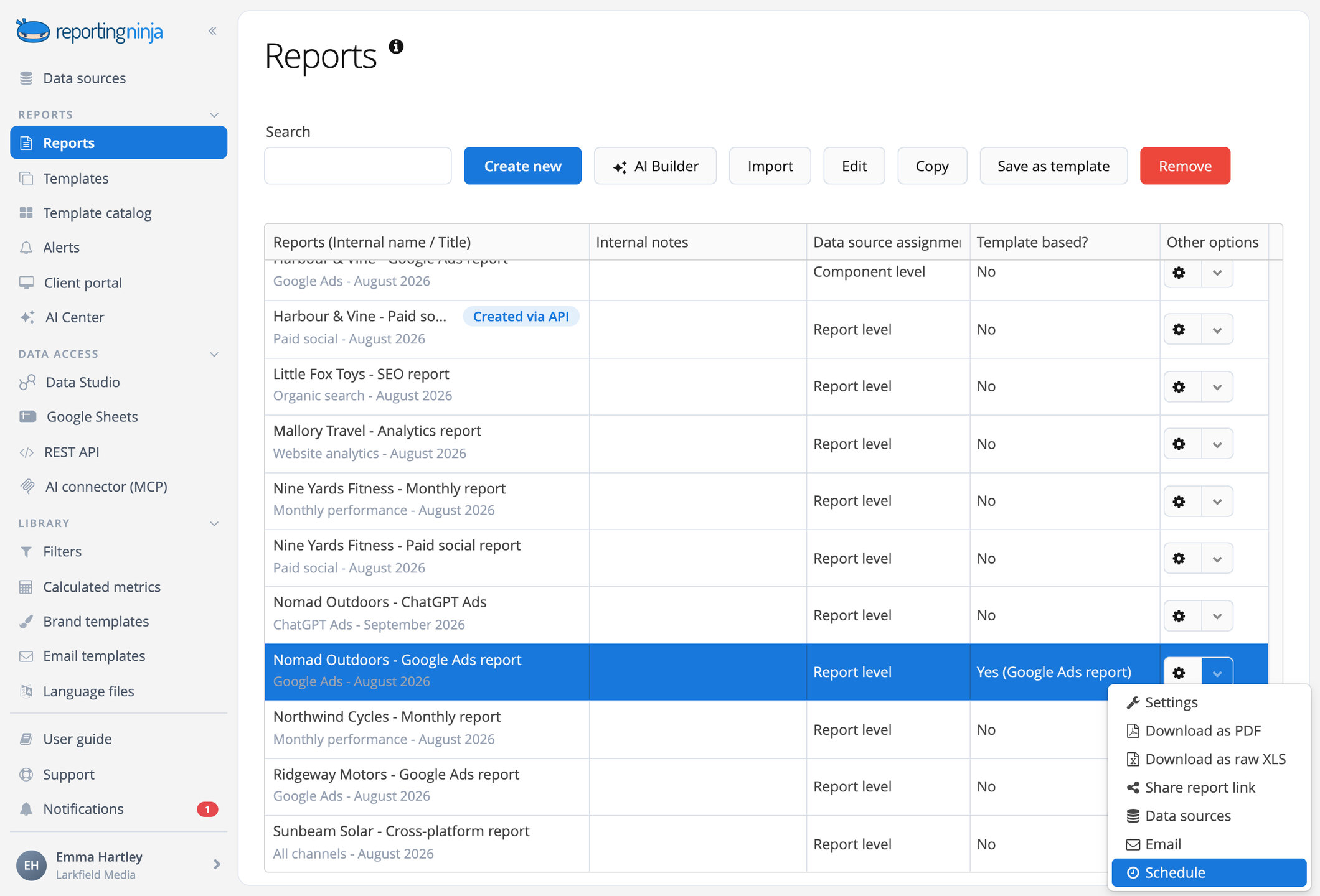 The reports list with the options menu of a client's report open on Schedule