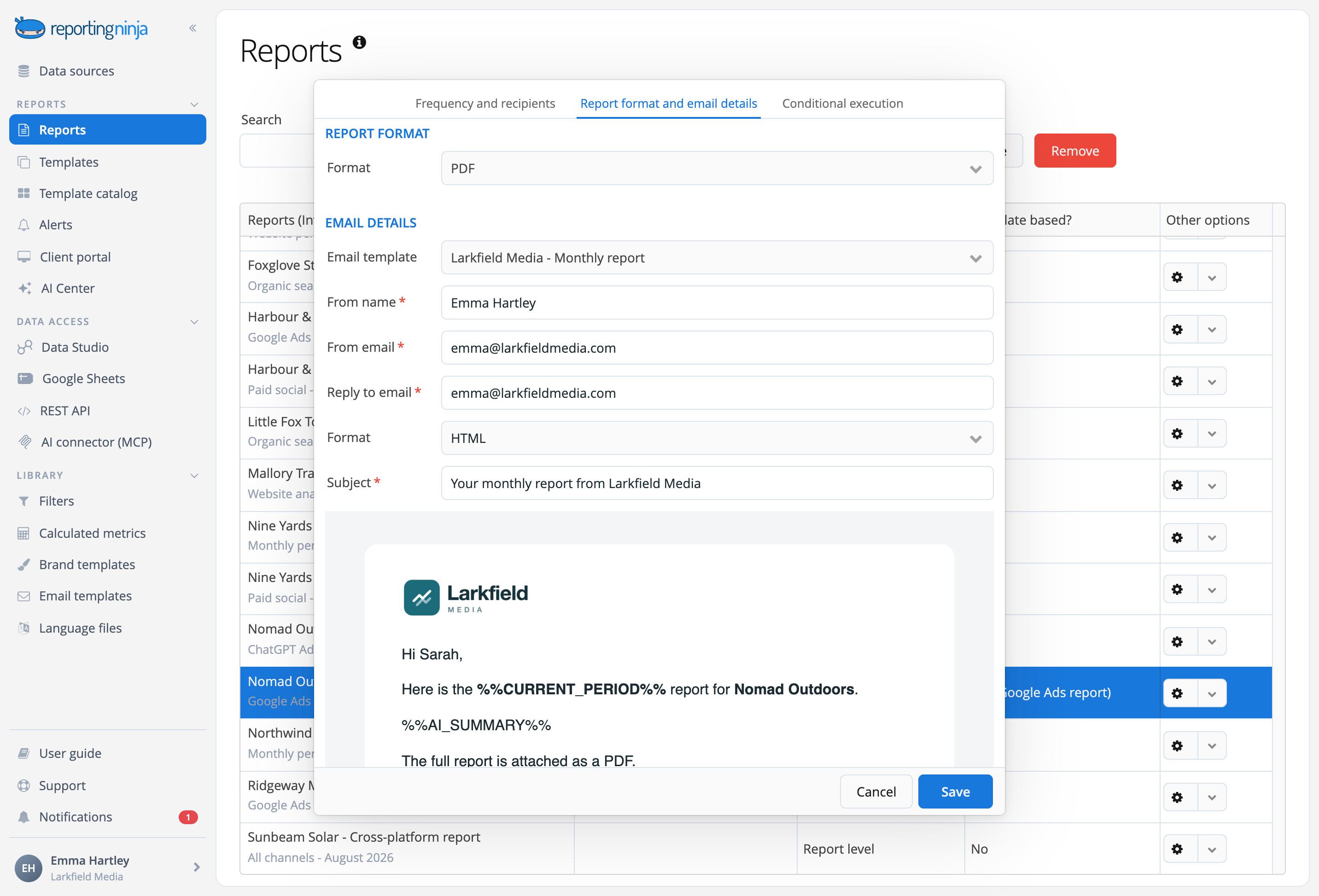 Scheduling a client report in Reporting Ninja: PDF format, the agency's email template and a preview of the email the client receives