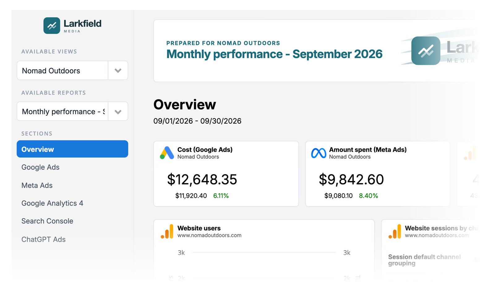 Client portal in the agency's brand: a client's cross-channel report with KPIs and charts from several sources