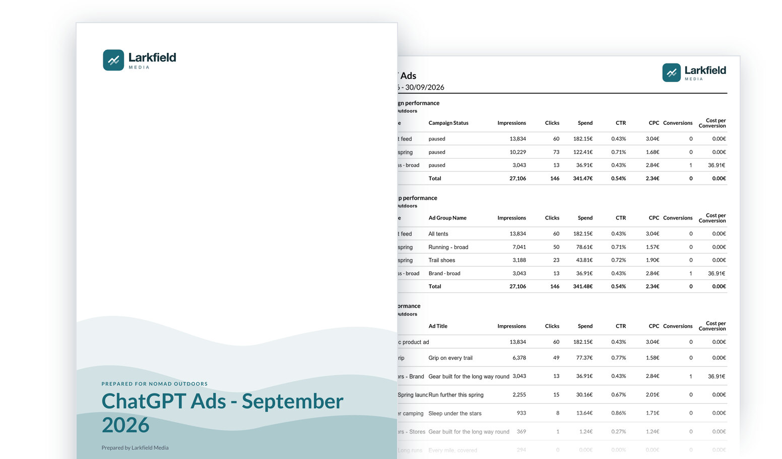 First pages of a branded PDF report: the agency's cover with its logo and the report title, and a page of results
