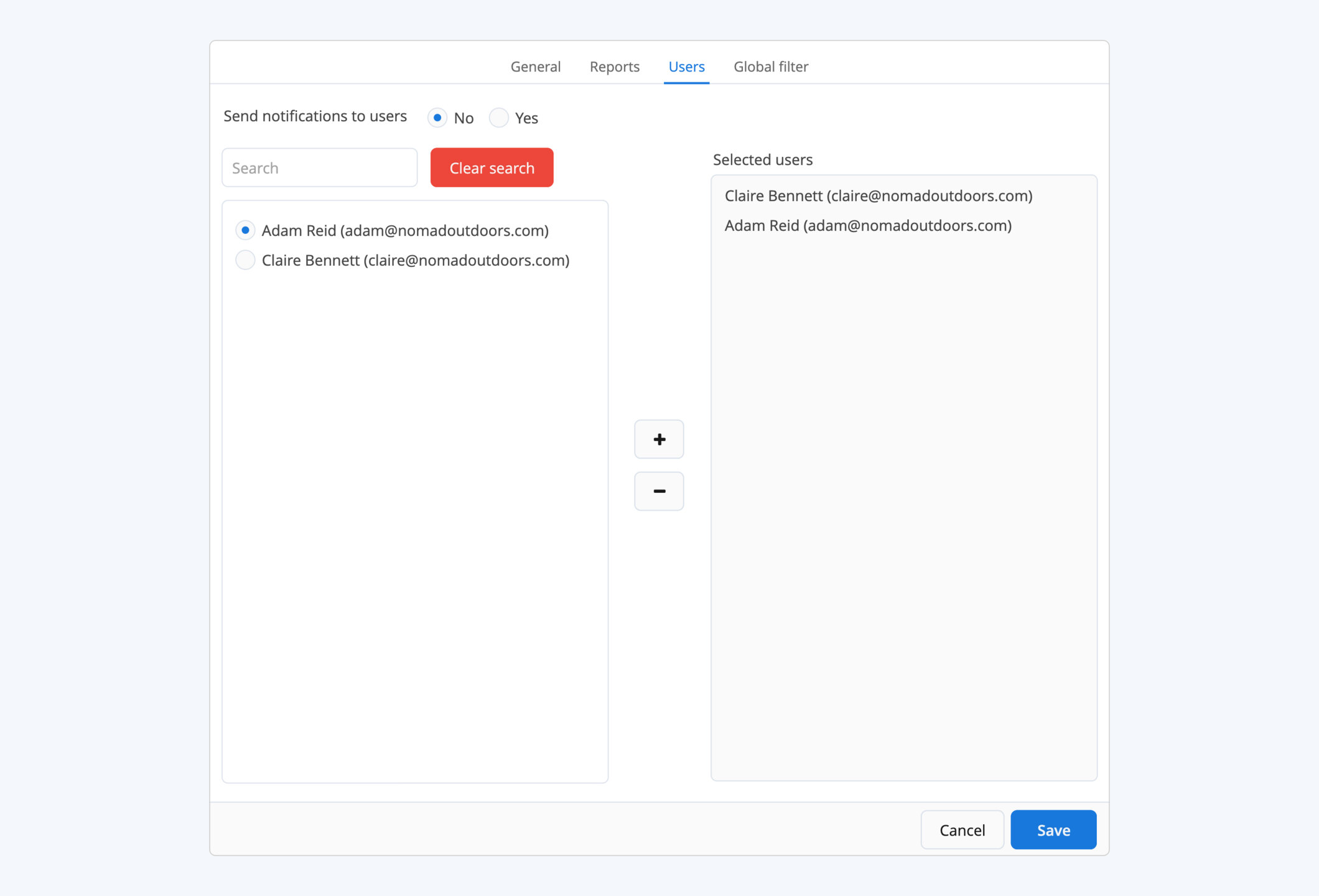 Portal view settings, Users tab: the client users who can open this view