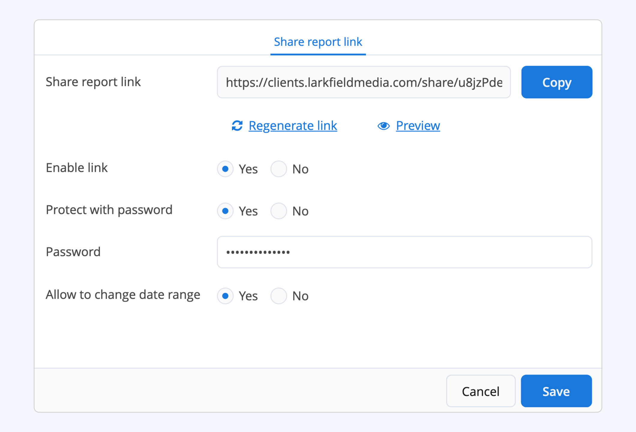Share report link settings: the link on the agency's domain, a password and the date range the client can change
