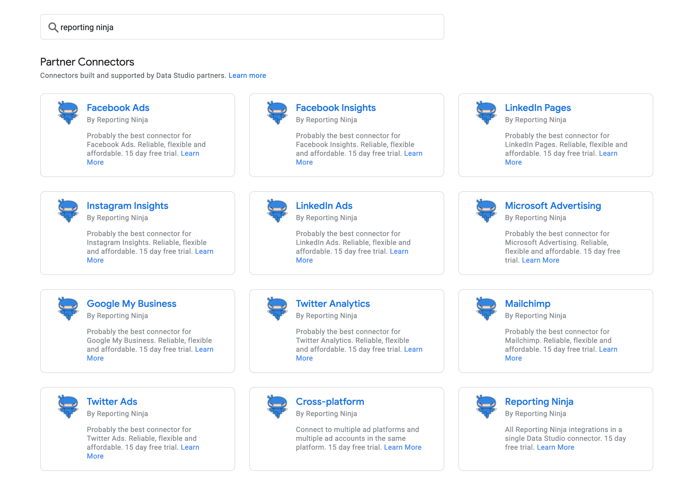 The Reporting Ninja connectors in the Data Studio gallery