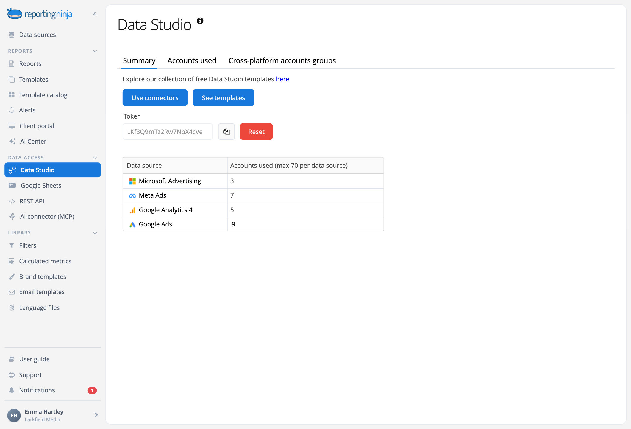 Data Studio settings in Reporting Ninja: one token for every connector, with links to the connectors and the templates