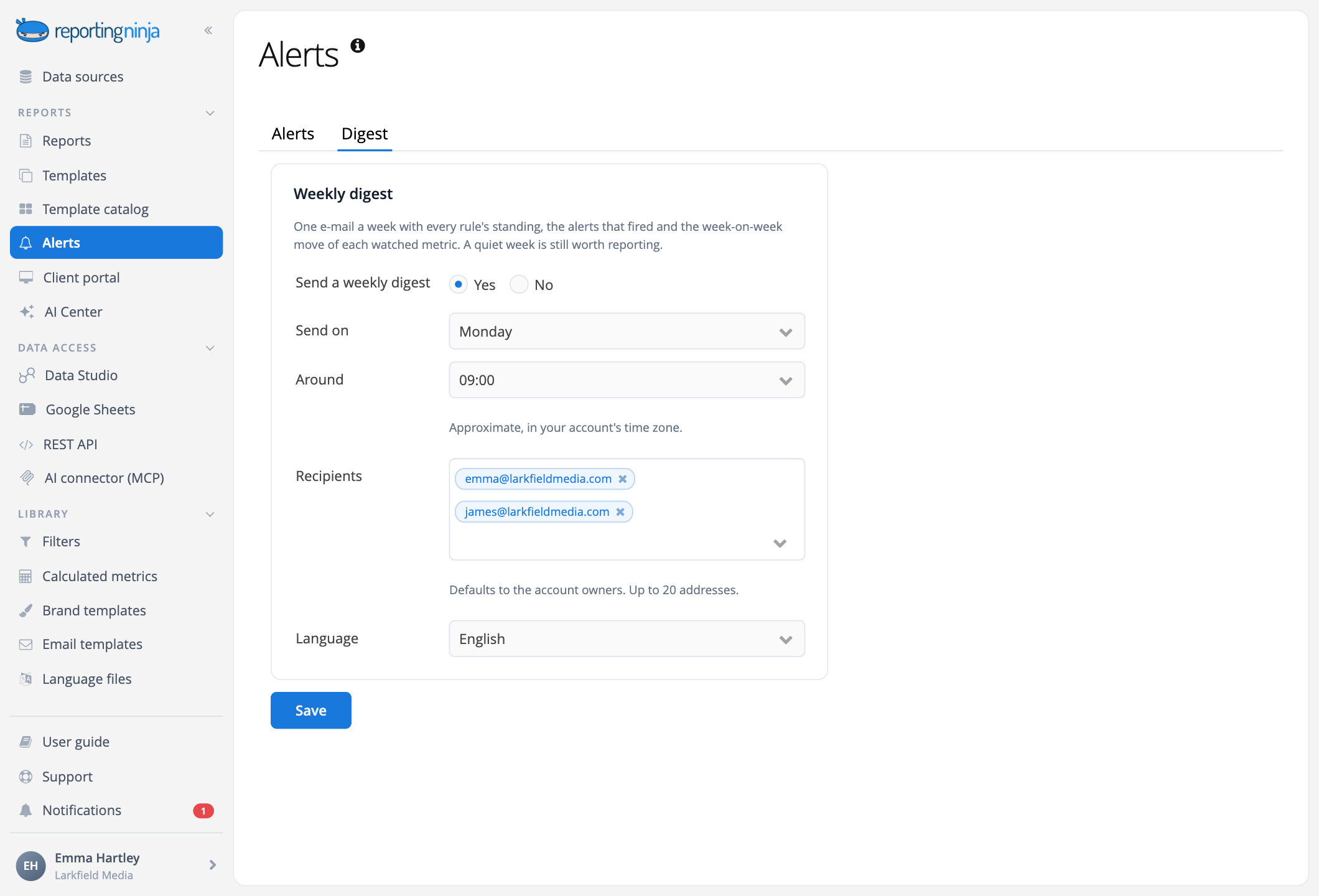 Weekly digest settings: every Monday at 09:00 to the agency team