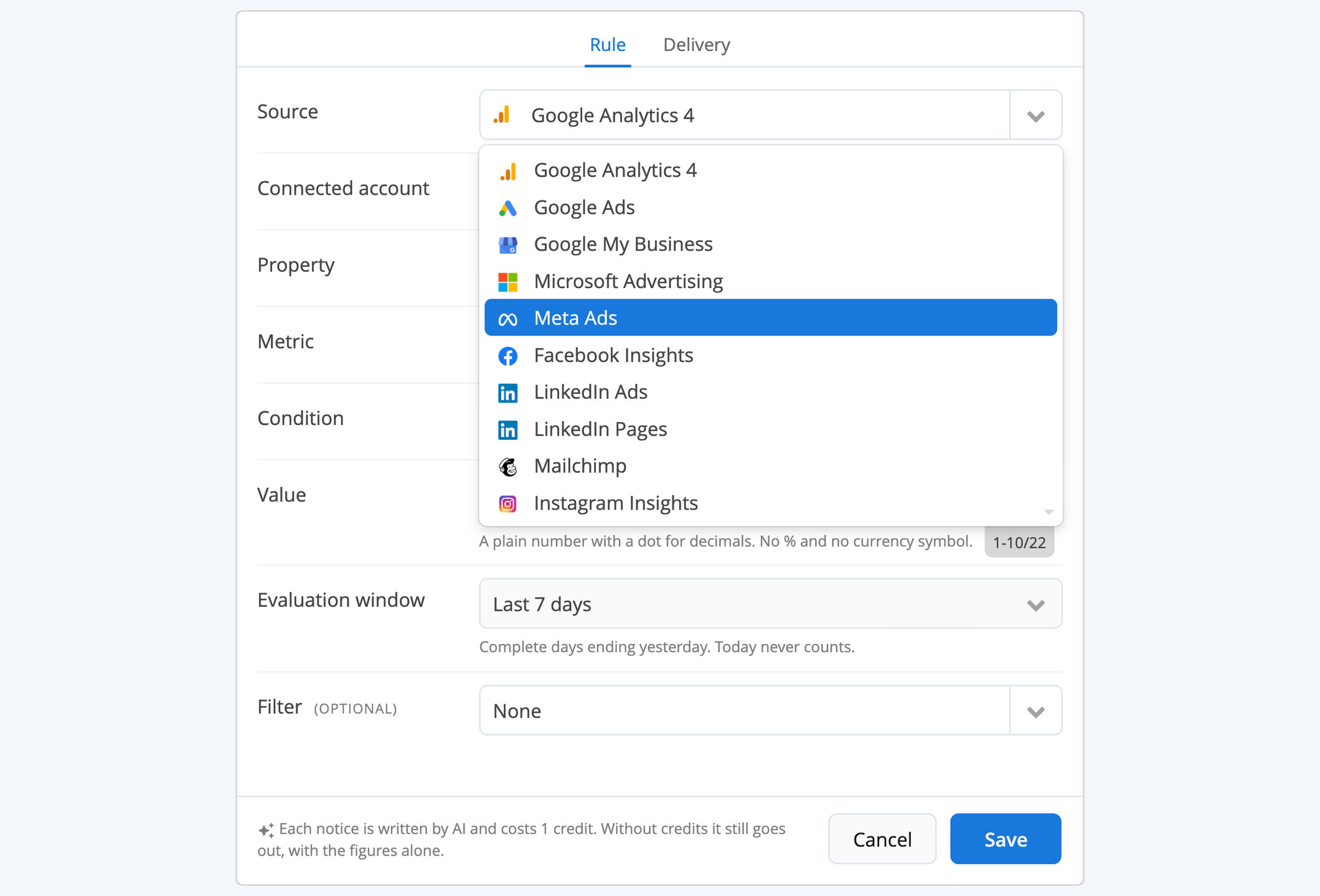 Creating an alert: choosing the source among the connected platforms