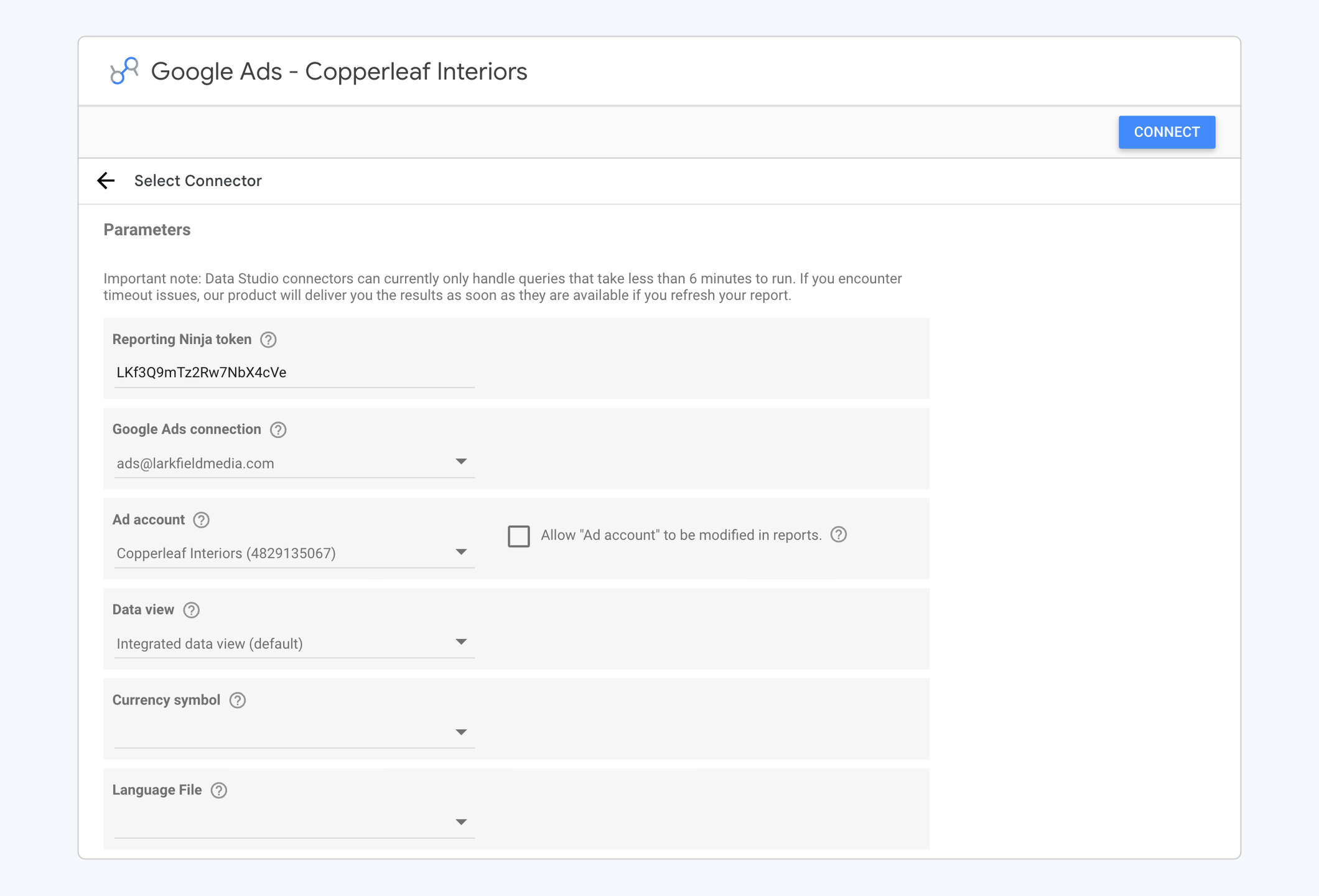 Data Studio connector setup: the Reporting Ninja token, the connection and the client's ad account