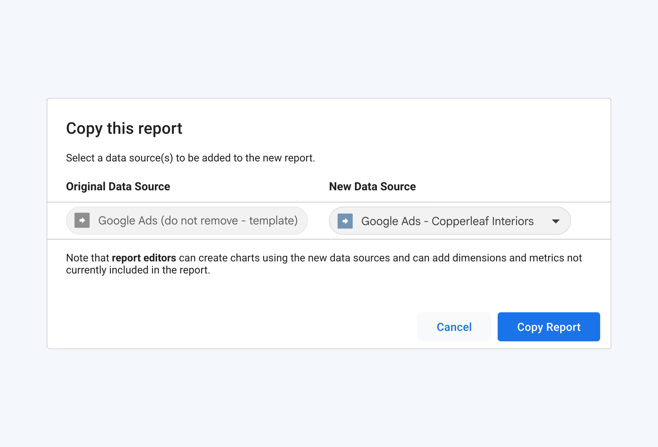 Copying a Data Studio template onto the client's own Google Ads data source