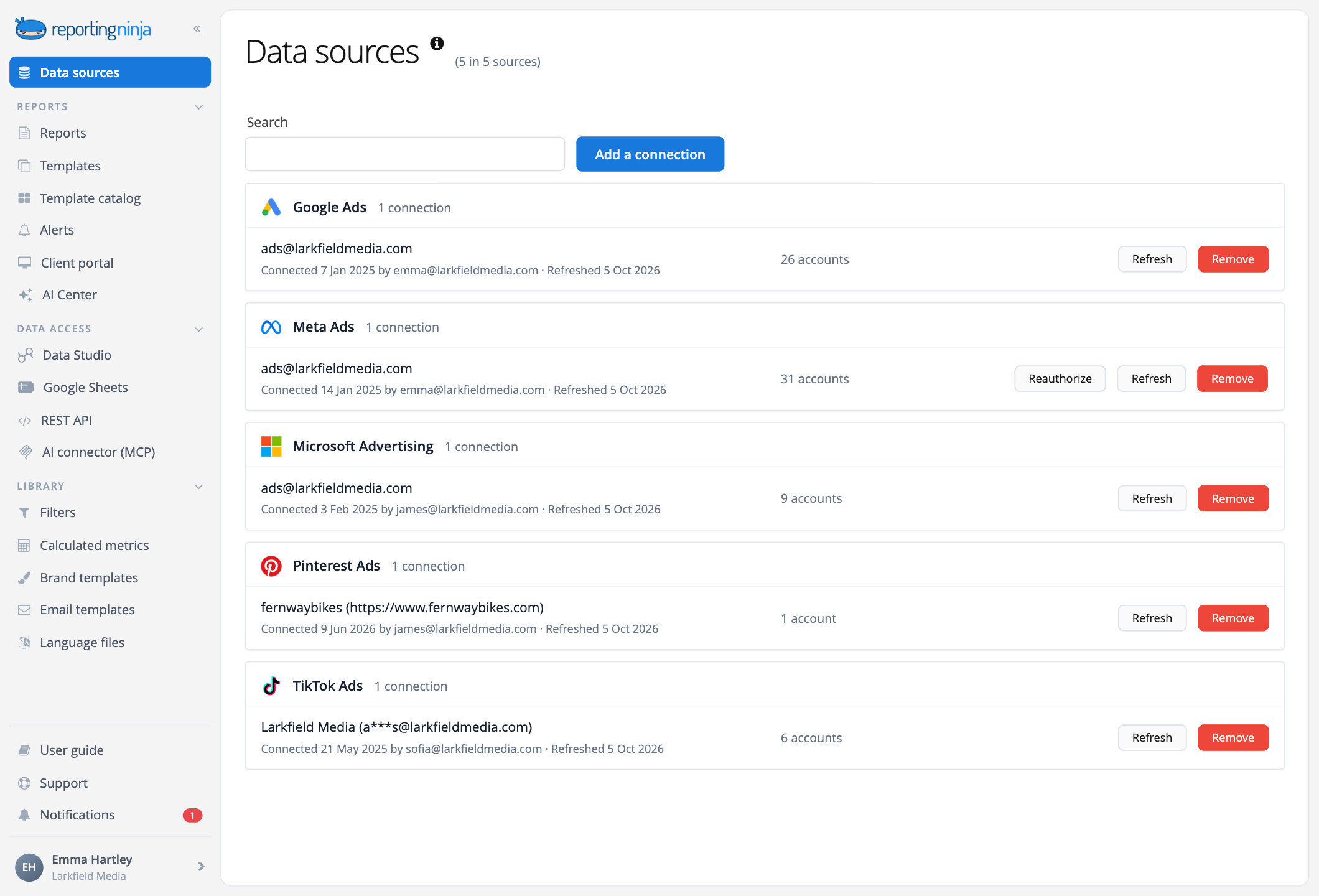 Data sources in Reporting Ninja: a client's ad platform connections and their ad accounts