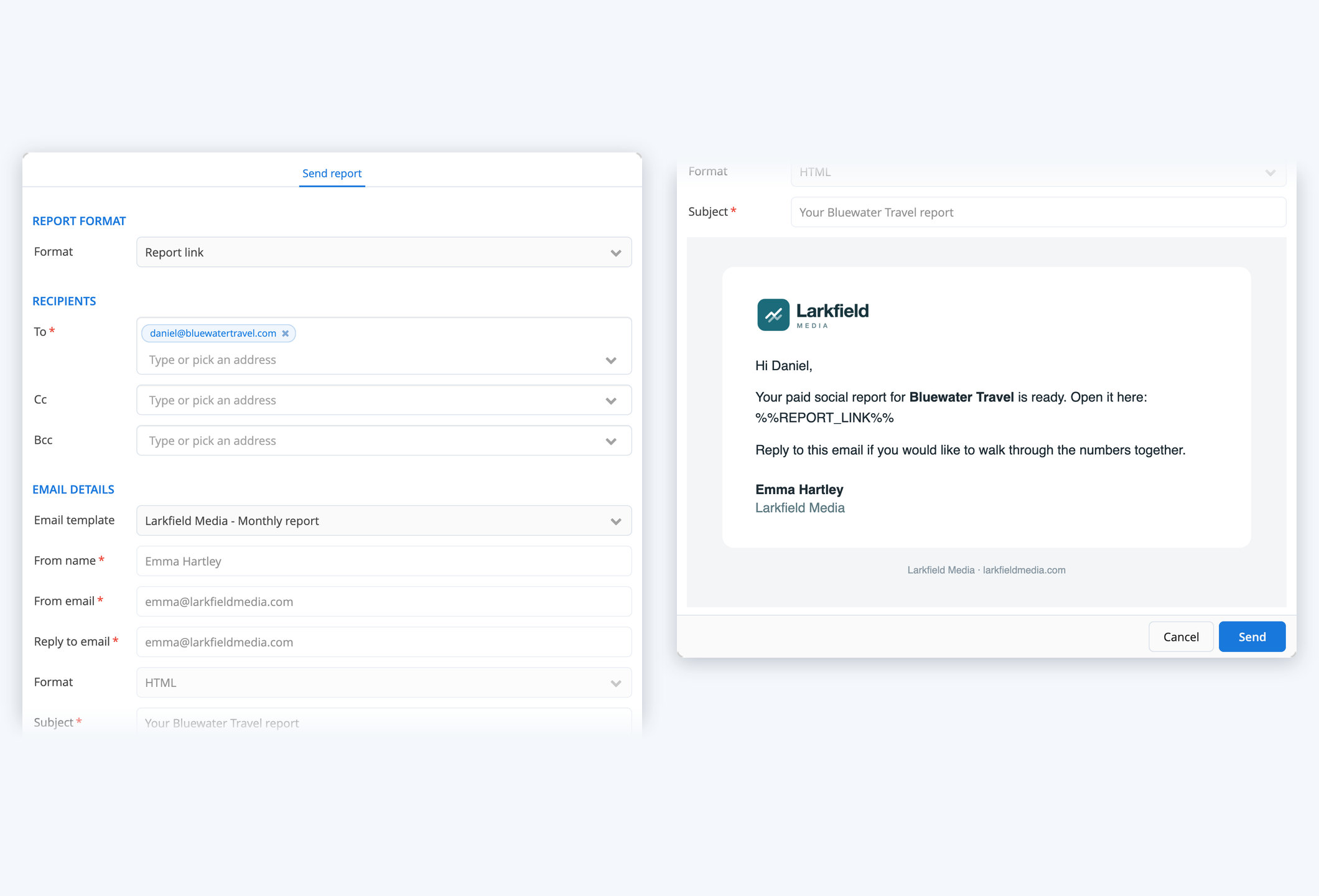 Emailing a report as a link: the Report link format and the agency's email template