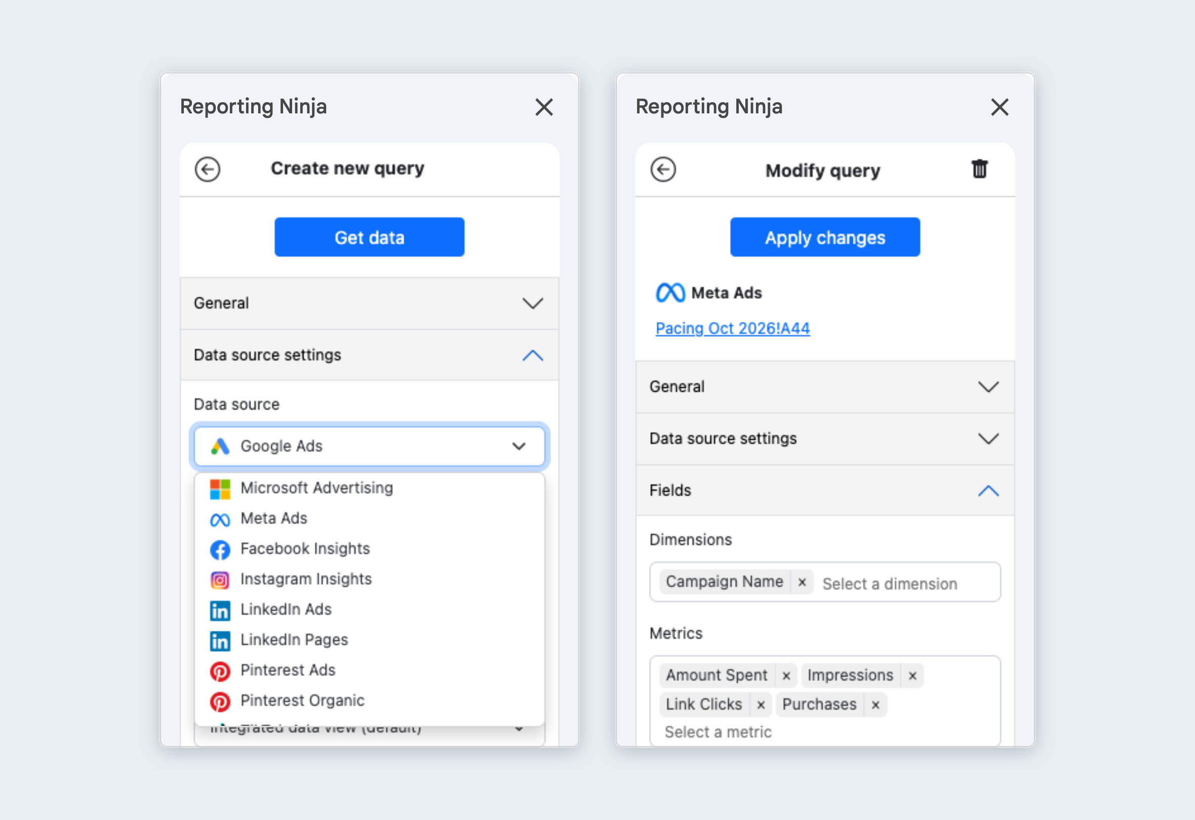 Two views of the Reporting Ninja sidebar in Google Sheets: choosing a data source and a query's fields