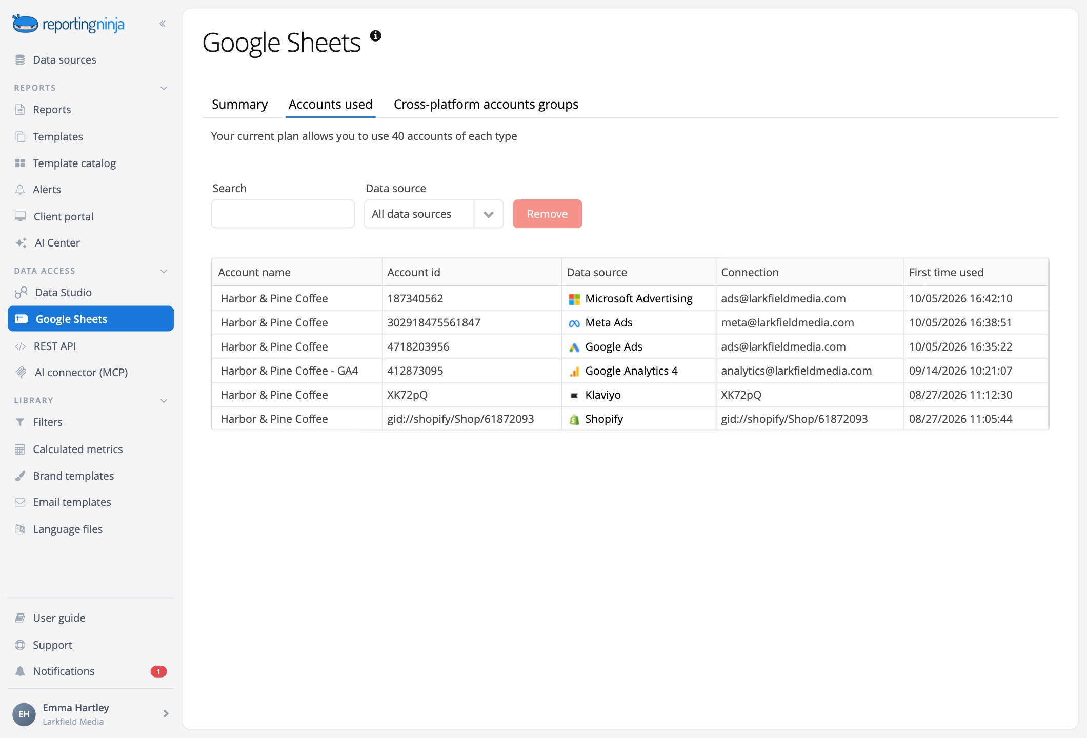 Google Sheets view in Reporting Ninja: the client's connected accounts the add-on has used, with their data source and connection