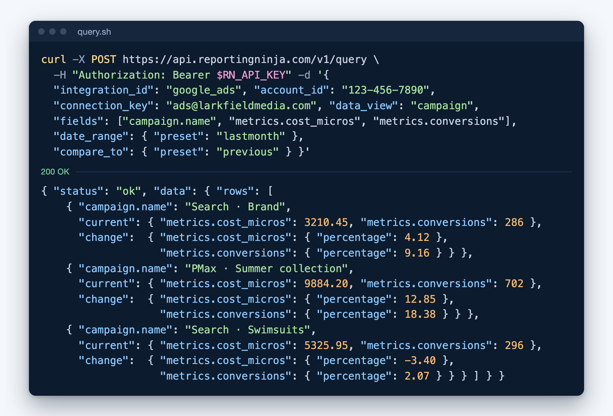 A query to the Reporting Ninja API and its rows: a client's campaigns with spend and conversions, compared with the previous month