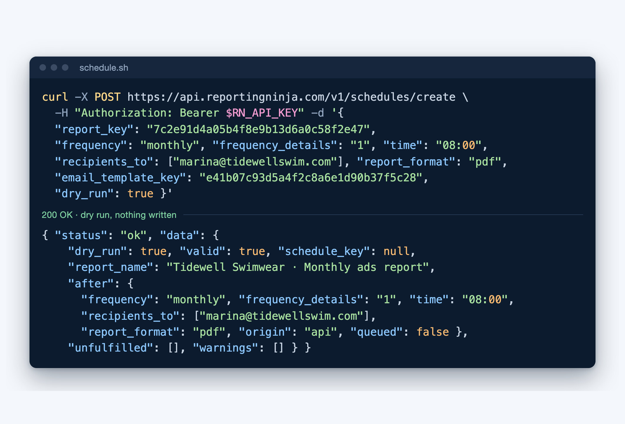 Dry run of a scheduled delivery created through the API: the preview of the schedule, valid, with nothing written