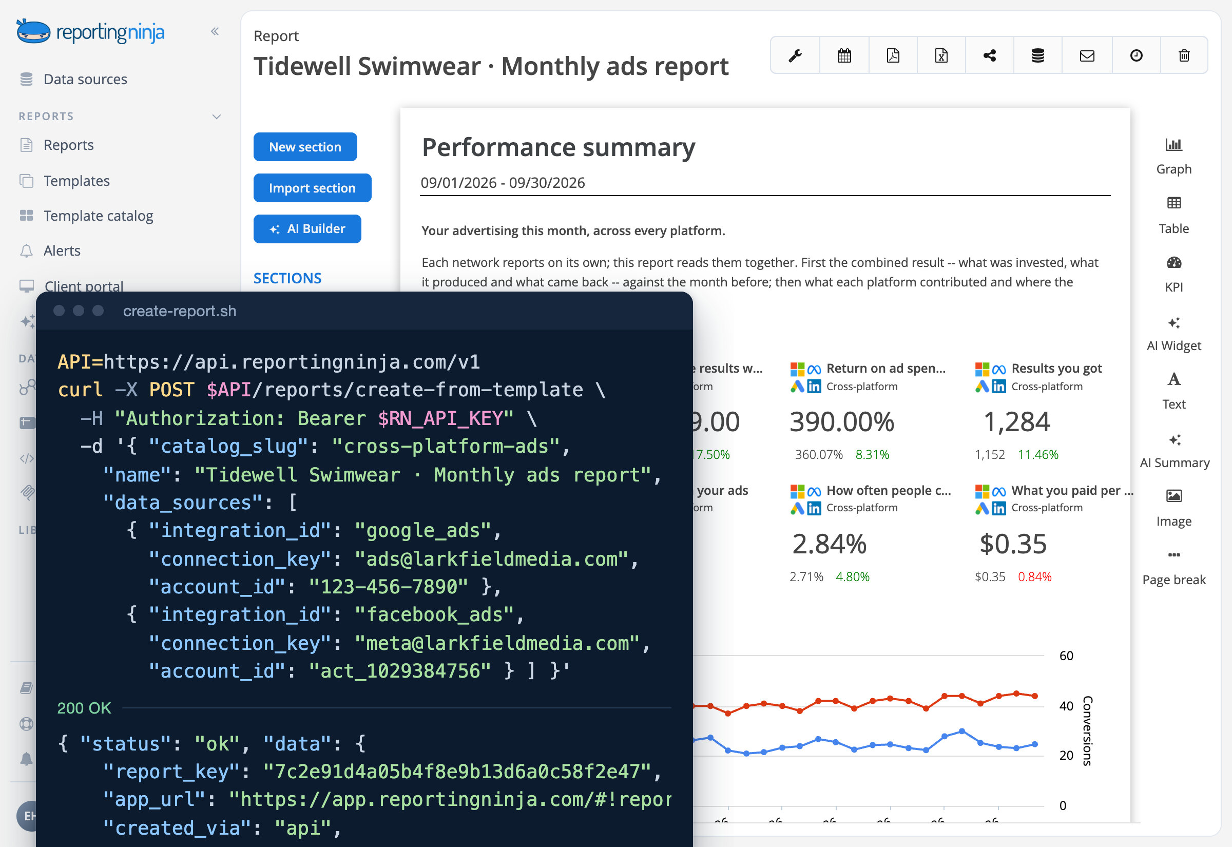 Reporting Ninja report editor showing a client report just created through the REST API, with the API call that created it in a code window
