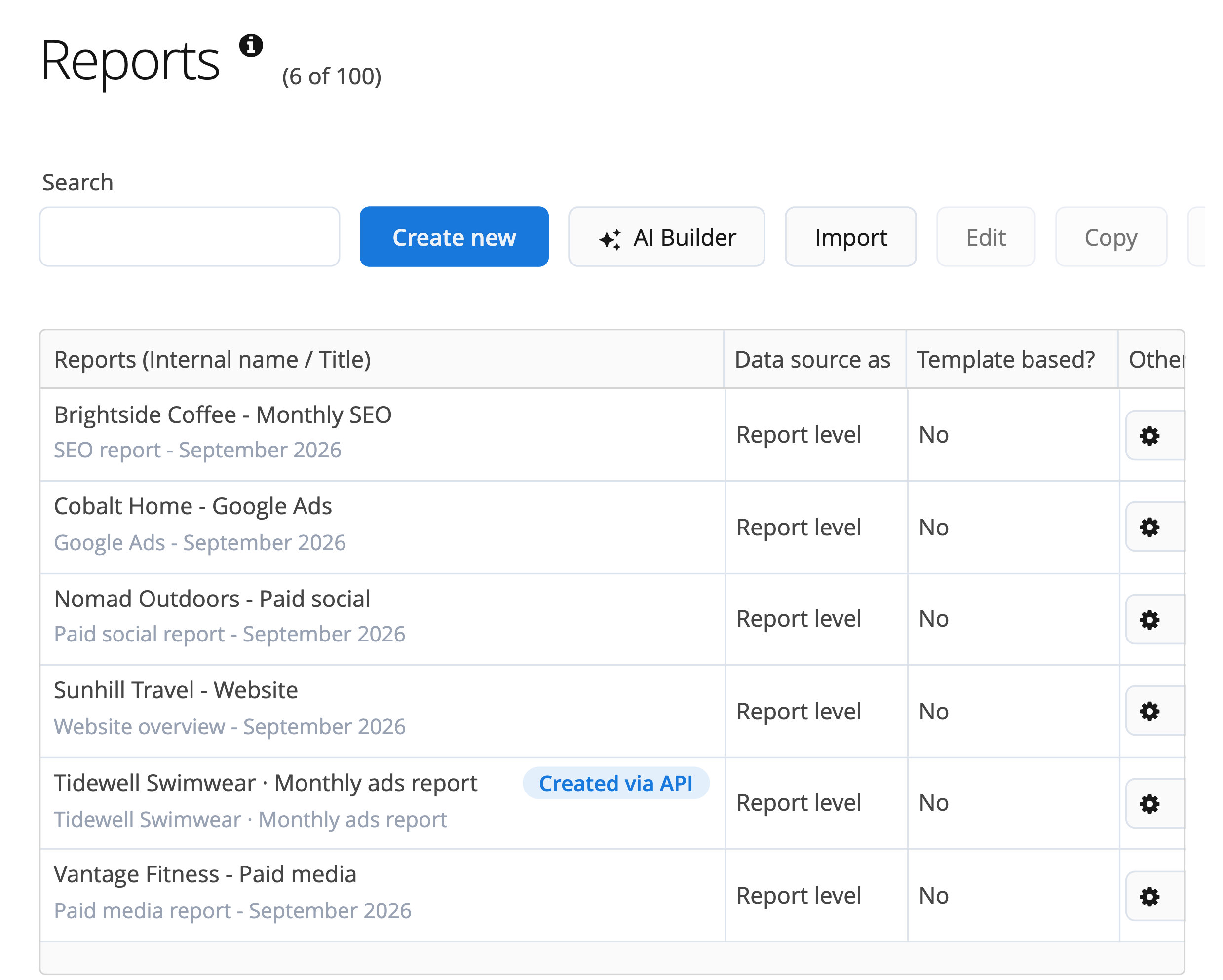 Reports list in Reporting Ninja with a client report marked Created via API