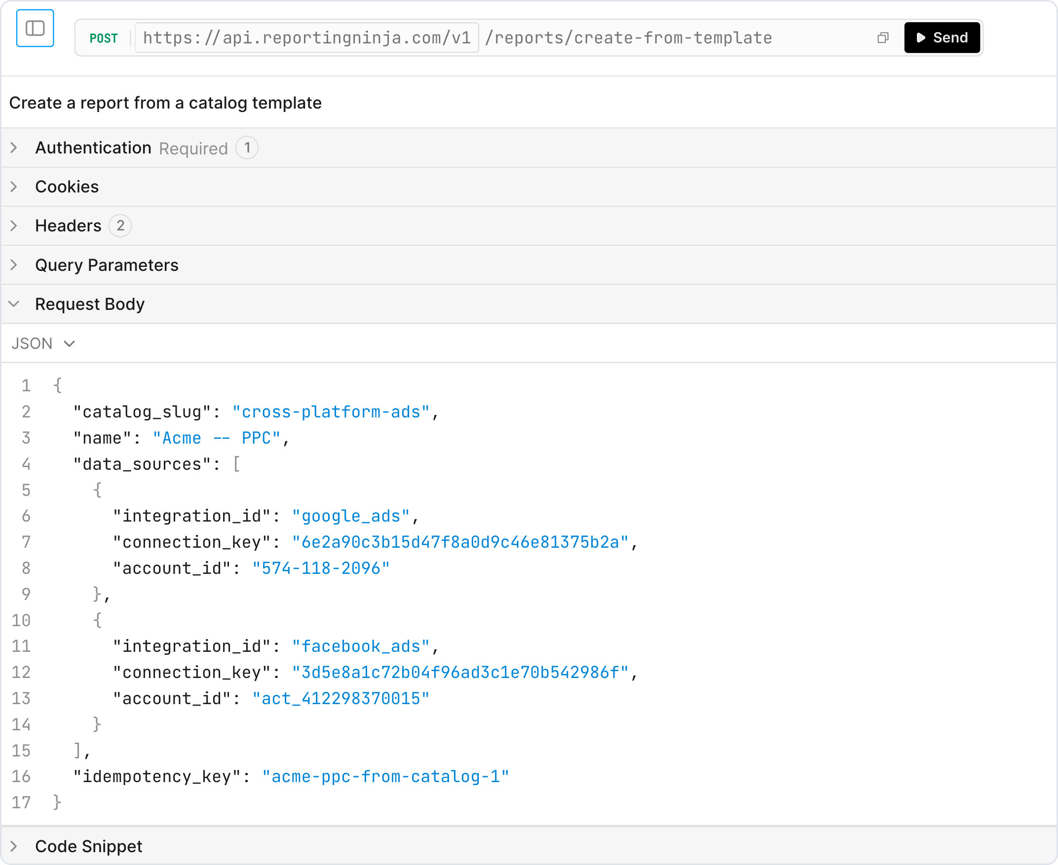 Reporting Ninja API reference: the request to create a report from a catalog template, with its method, path and example body