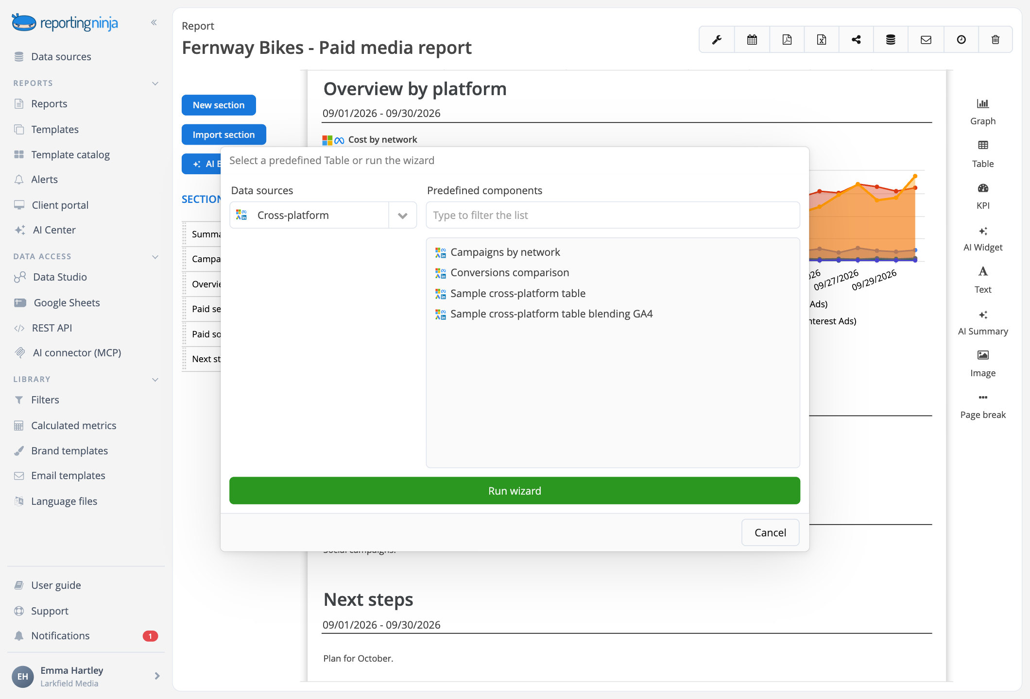A table dropped into a Reporting Ninja report: the Cross-platform source and its ready-made widgets, such as campaigns by network and a conversions comparison
