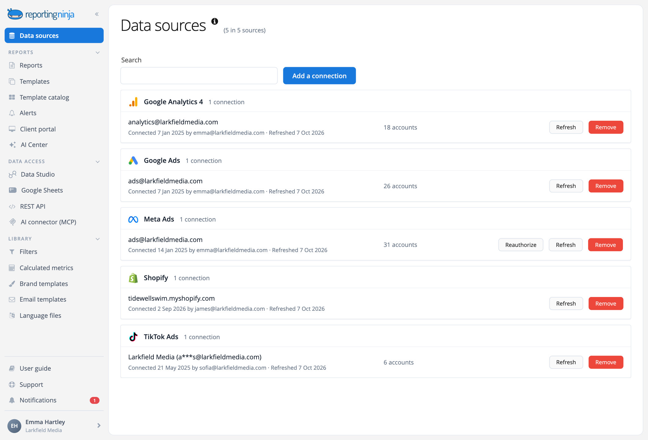 Data sources in Reporting Ninja: the agency's connections to a client's analytics, ad platforms and online store
