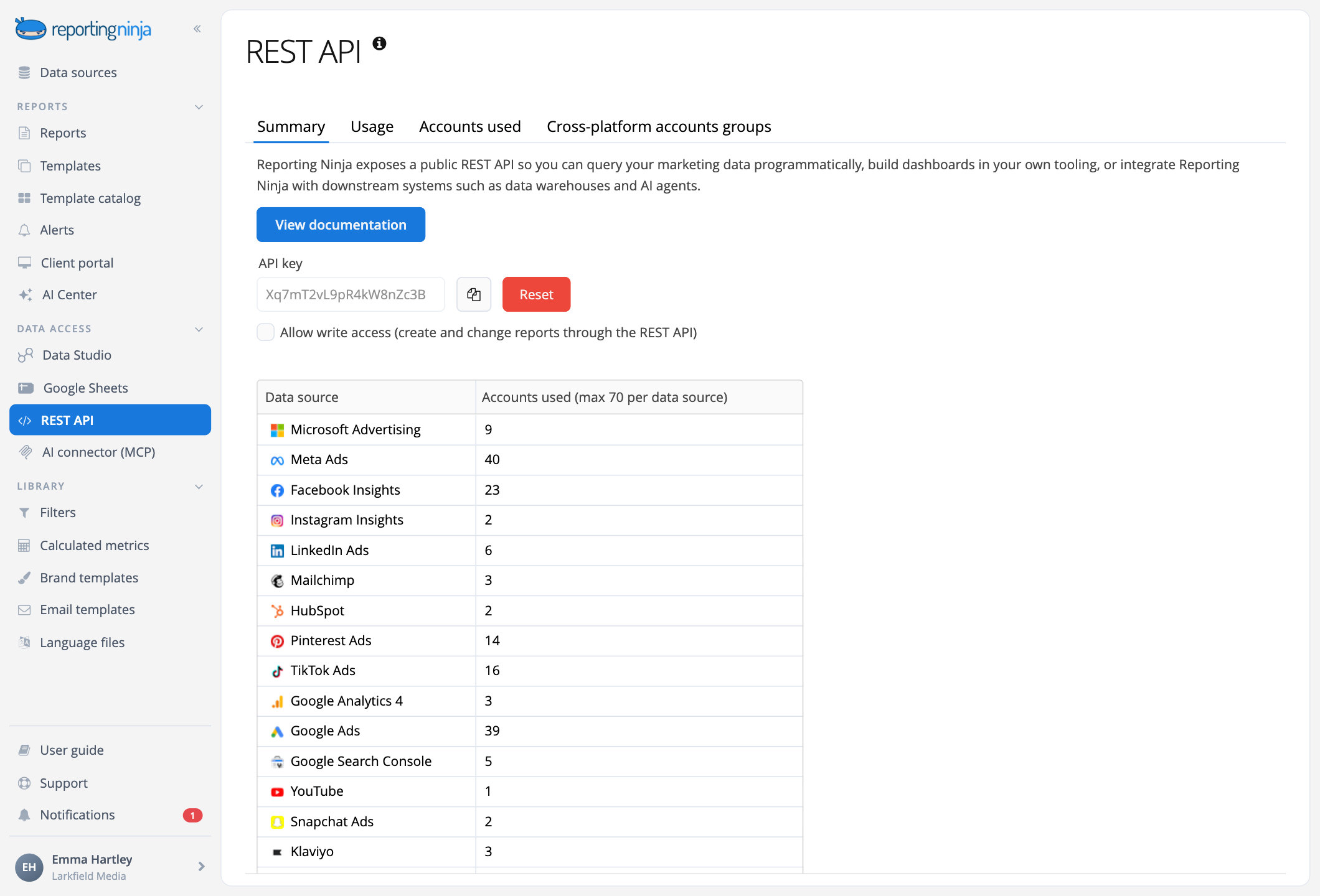 REST API page in Reporting Ninja: the API key with its copy and reset buttons, the write access option and the accounts used per data source
