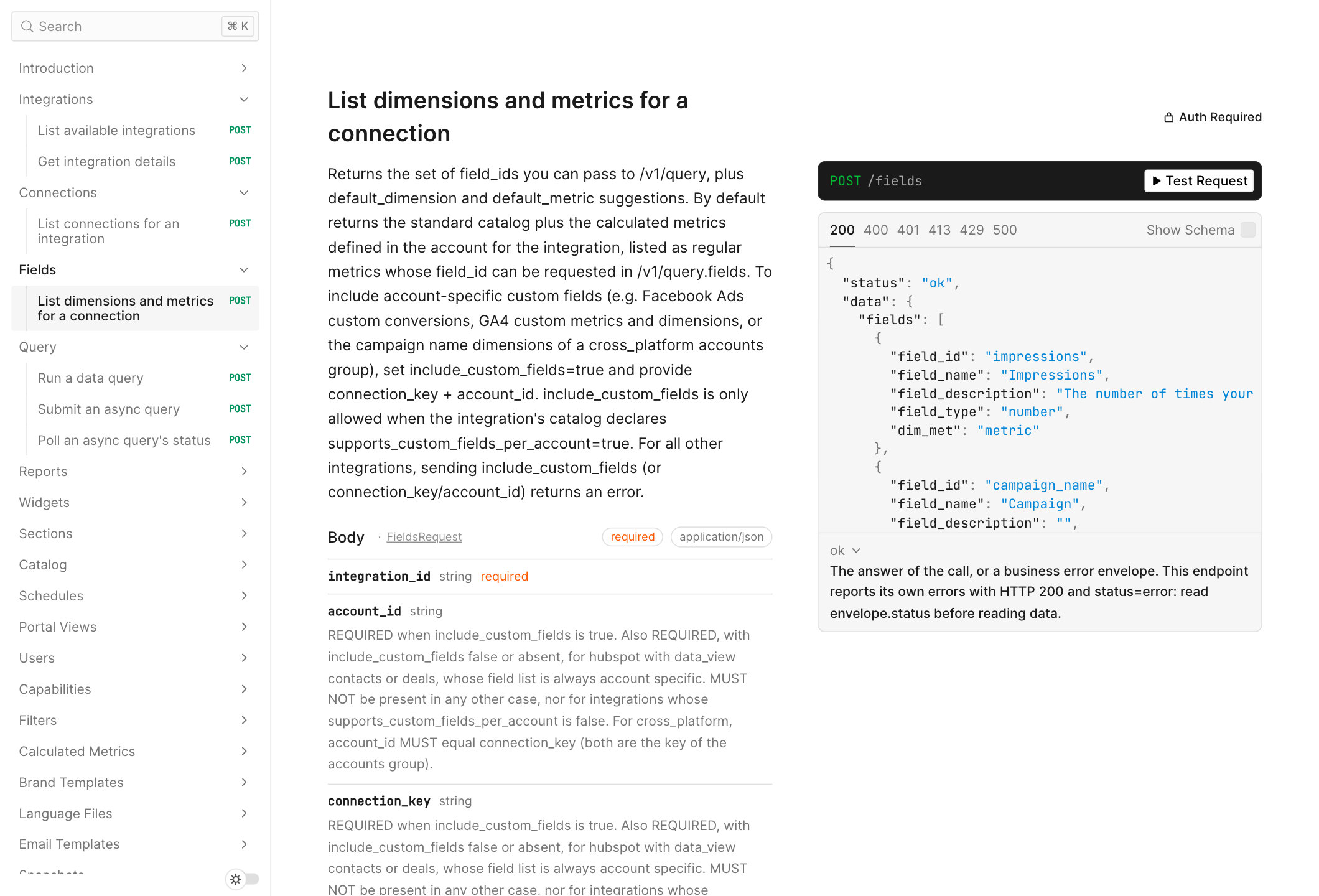 API reference for listing the dimensions and metrics of a connection, with an example response