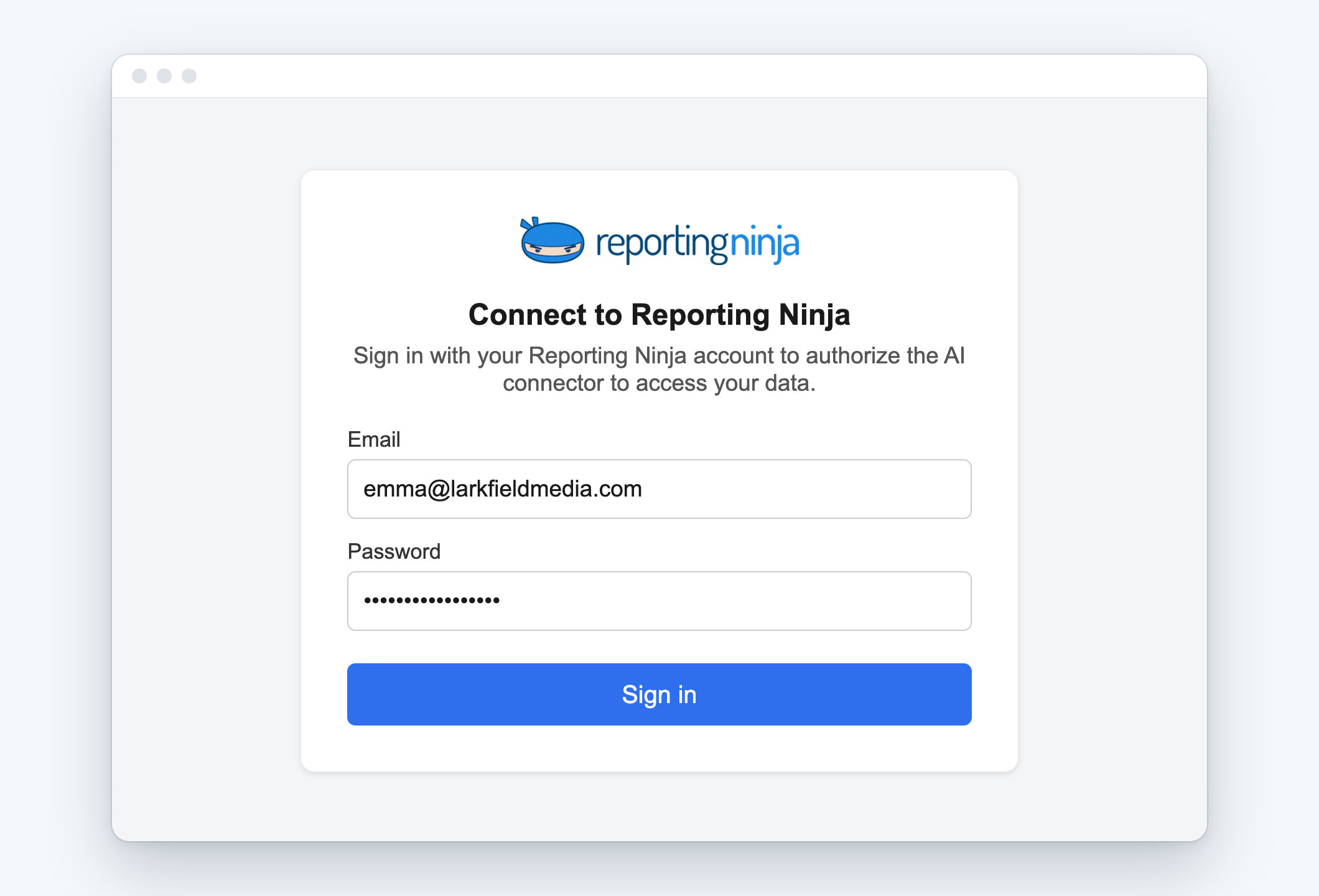 Reporting Ninja sign-in page that opens from Claude to authorize the connector
