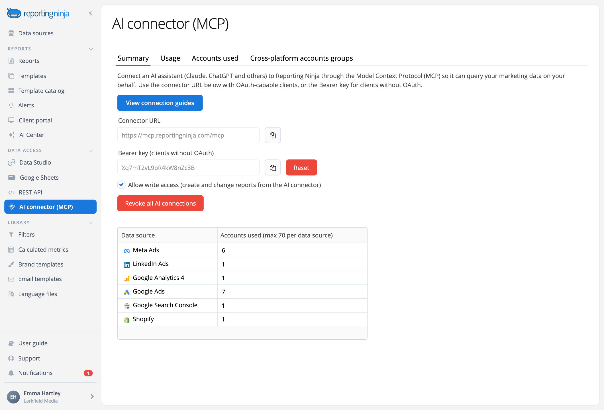 The AI connector (MCP) tab in Reporting Ninja with write access switched on