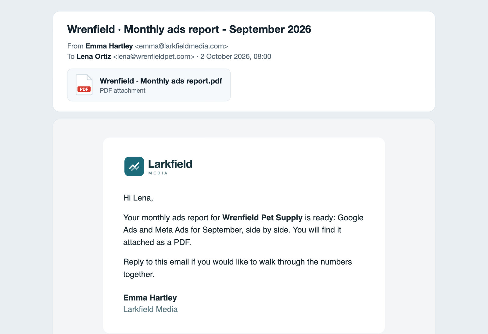 The monthly report email the client receives, sent with the agency's email template