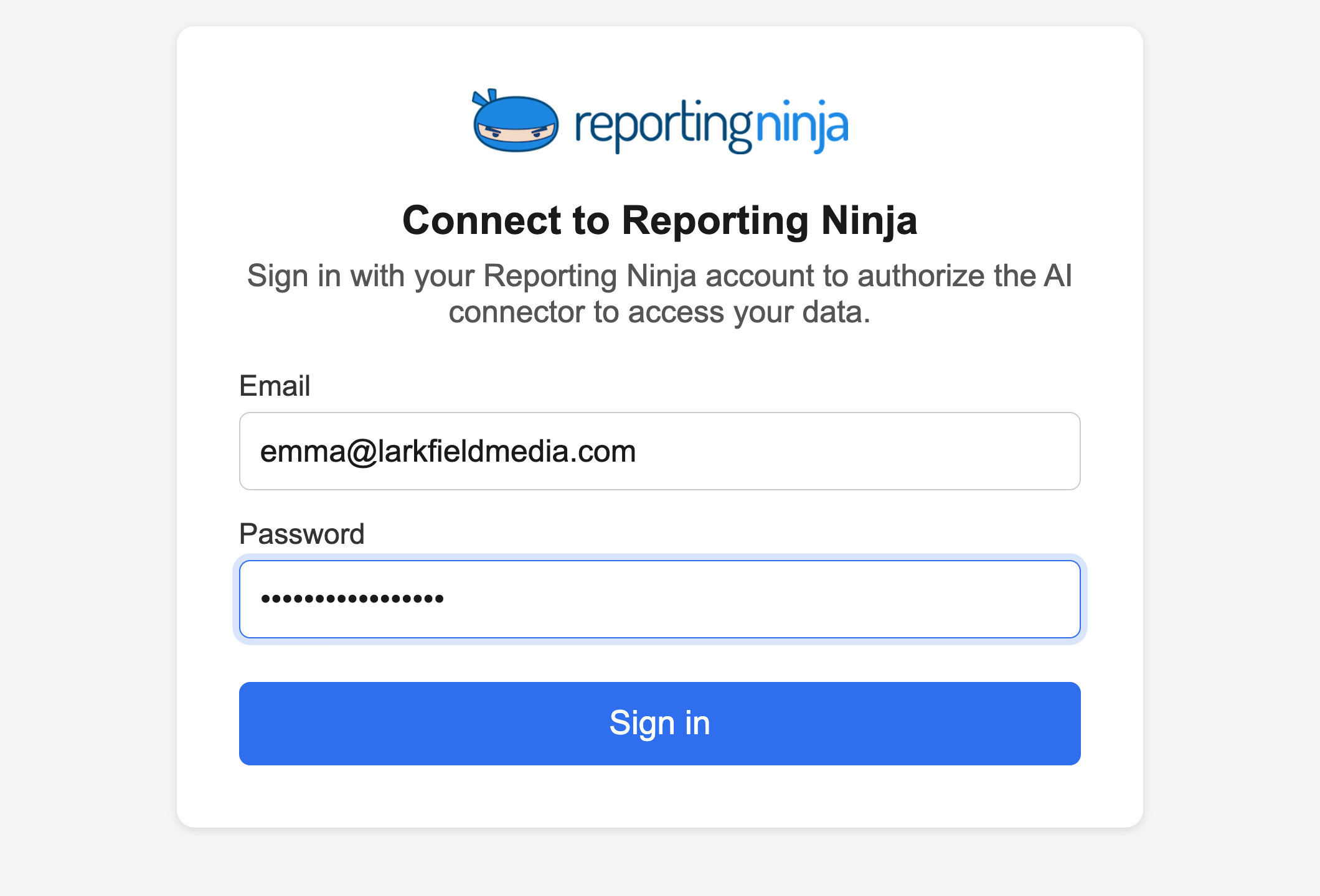 The Reporting Ninja sign-in page that ChatGPT opens to authorize the connector