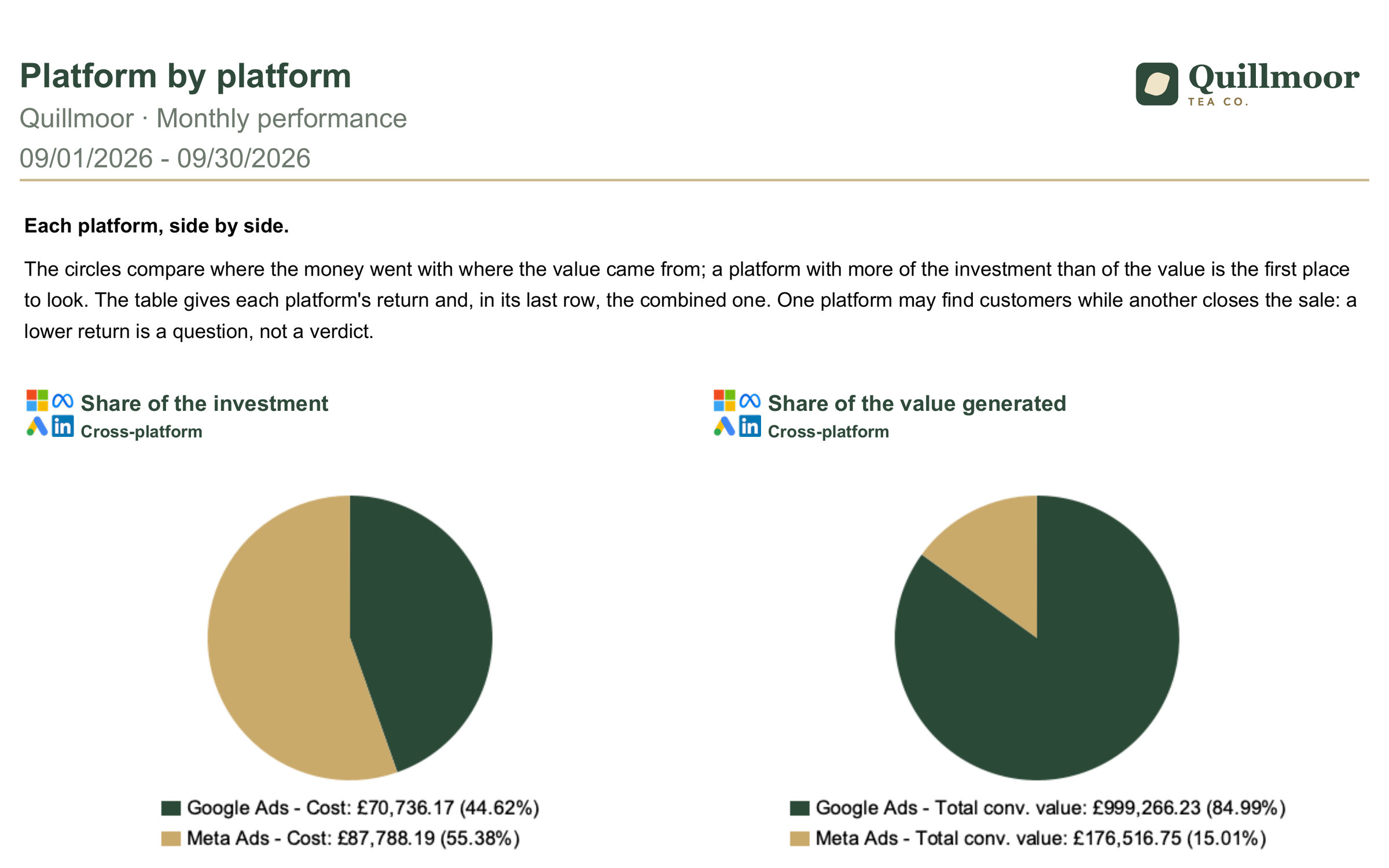 Page of the Quillmoor monthly report PDF comparing Google Ads and Meta Ads: share of the investment and of the value generated