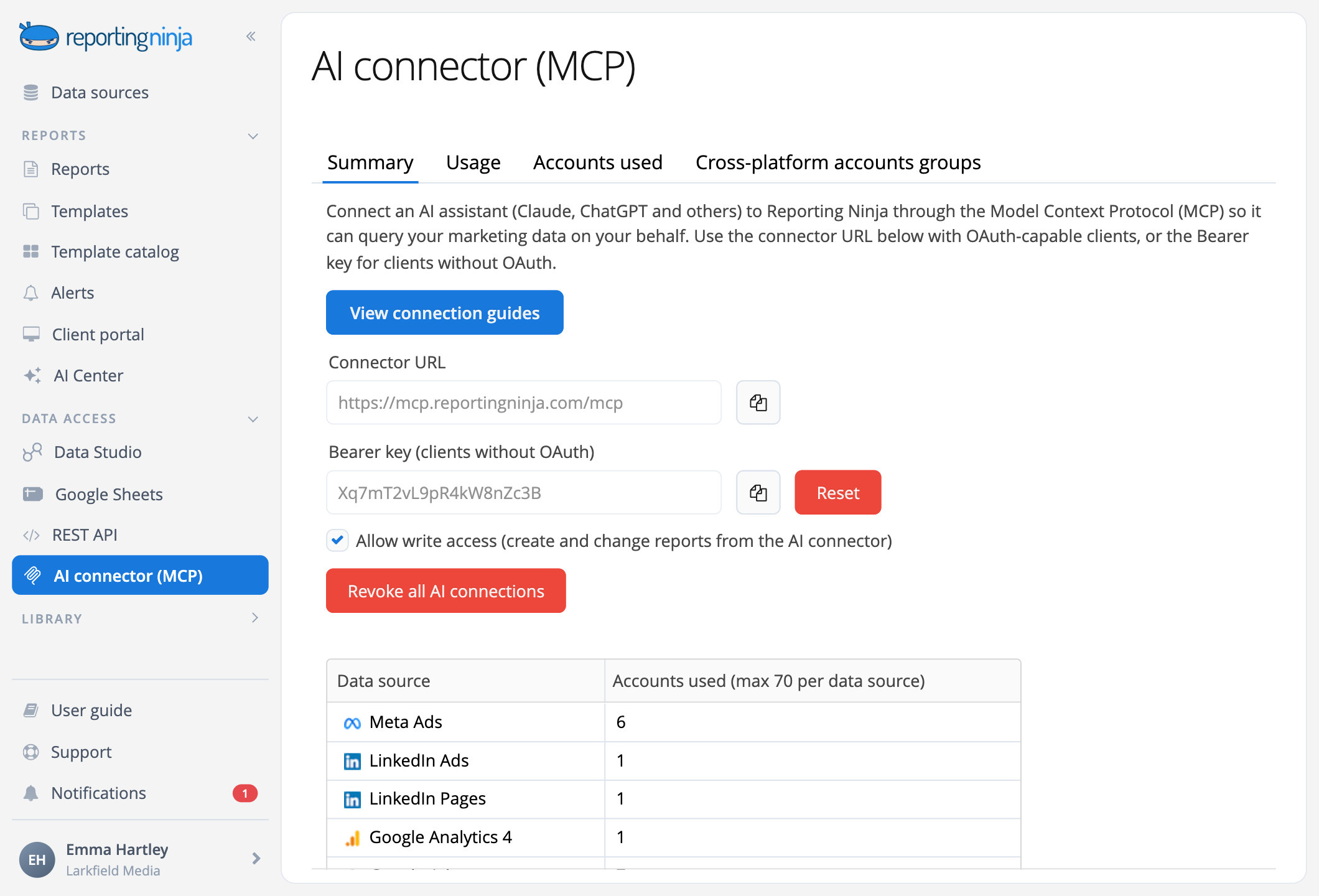 The AI connector (MCP) tab in Reporting Ninja with write access switched on
