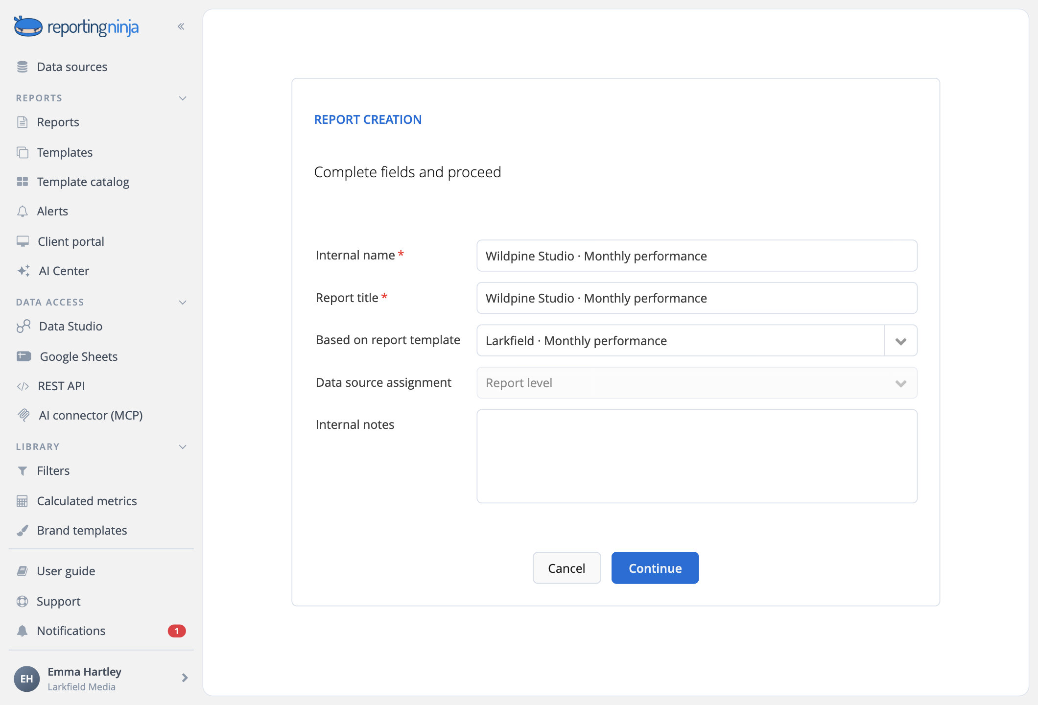 Creating a client's report based on the agency template