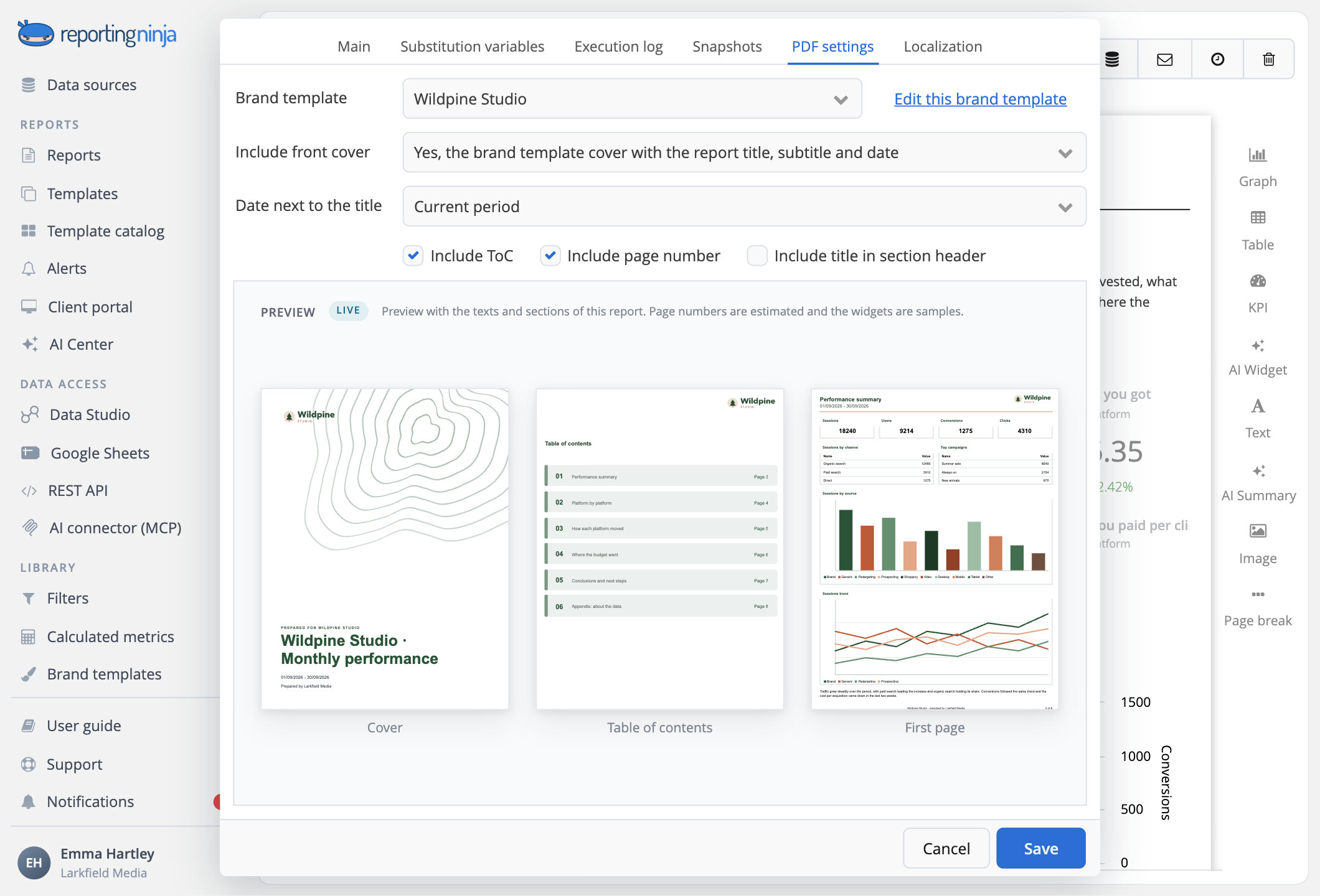 A client's report settings with their brand template and a live preview of the cover