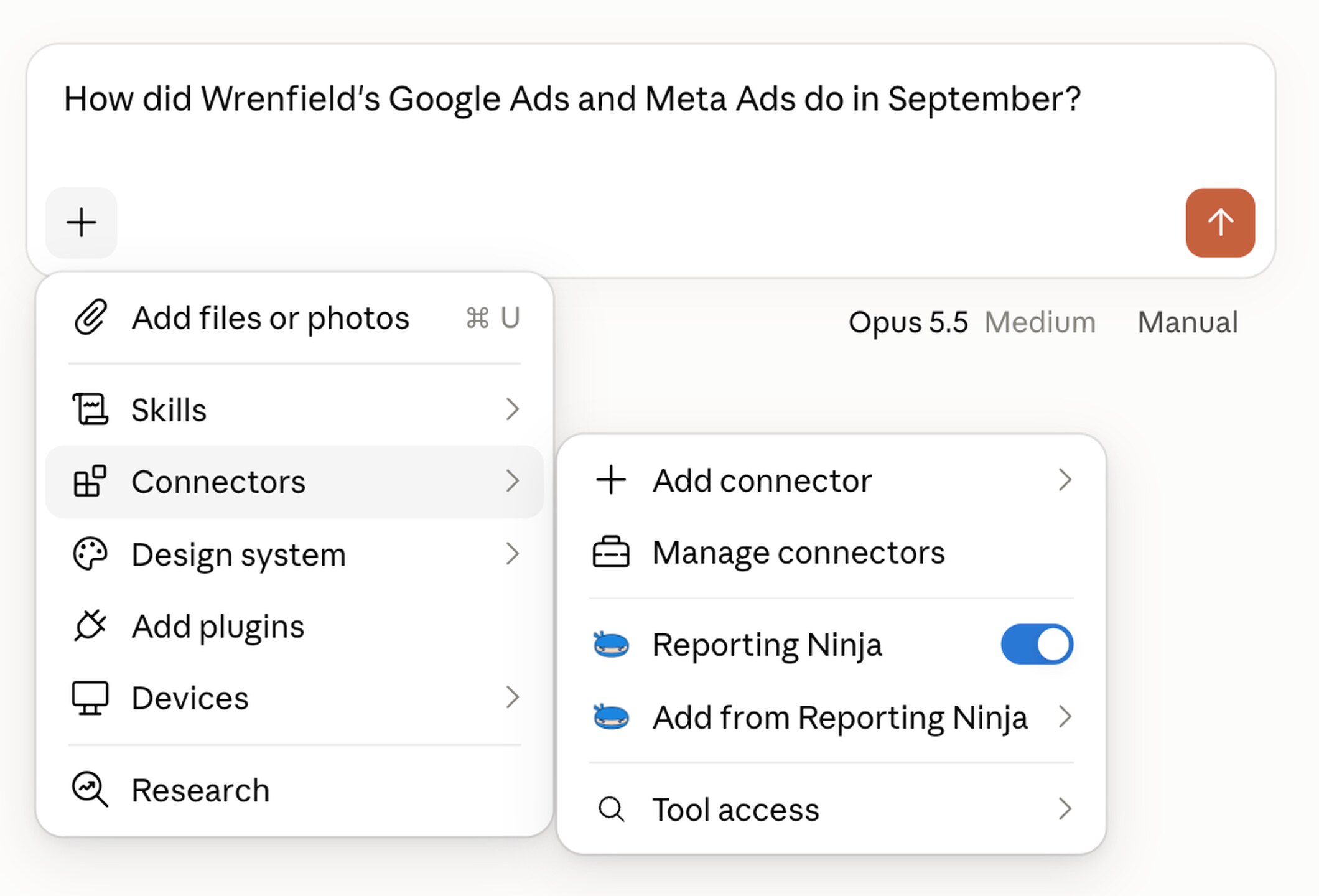 A Claude chat with Reporting Ninja turned on in the connectors menu