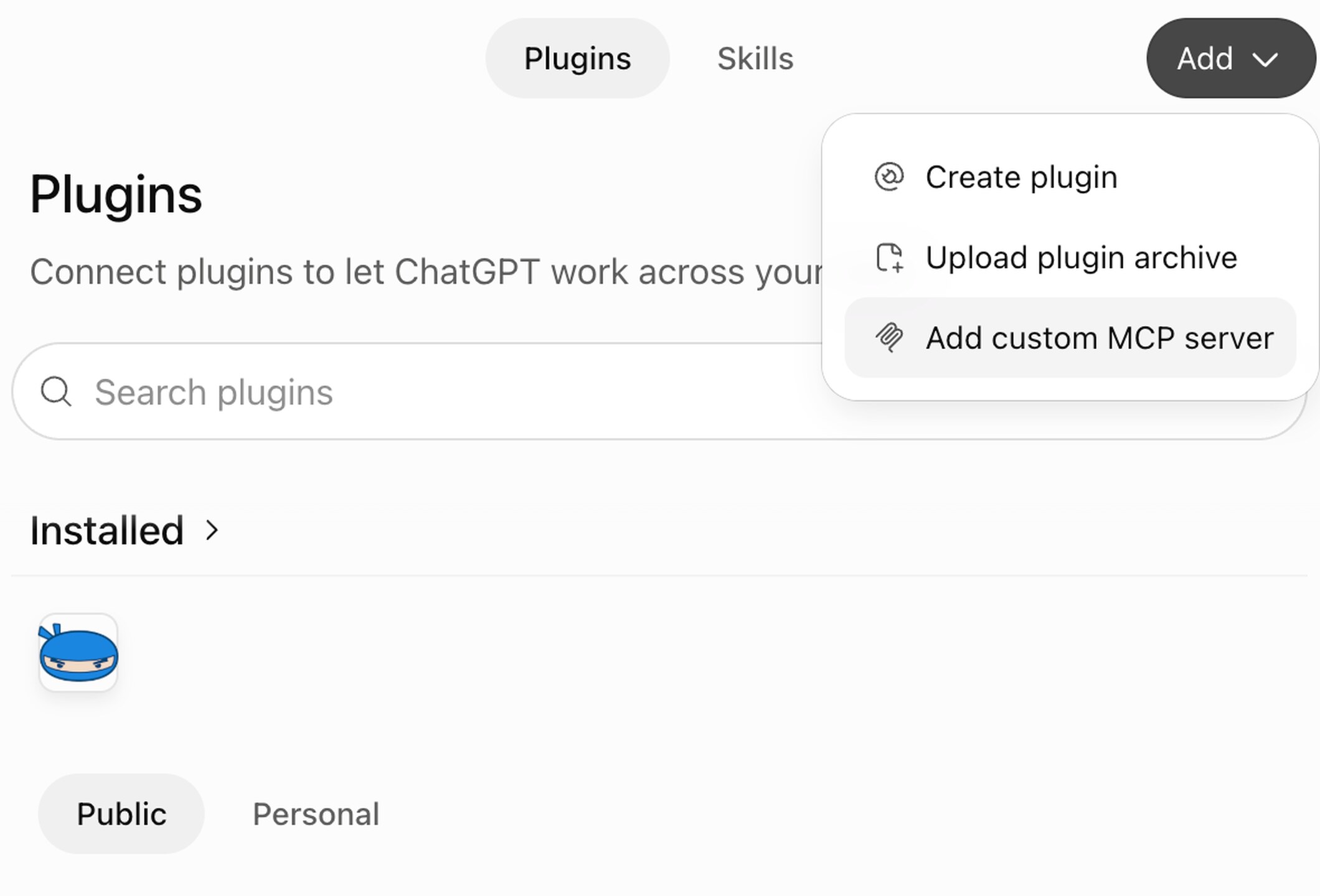 ChatGPT Plugins page with the Add menu open on Add custom MCP server