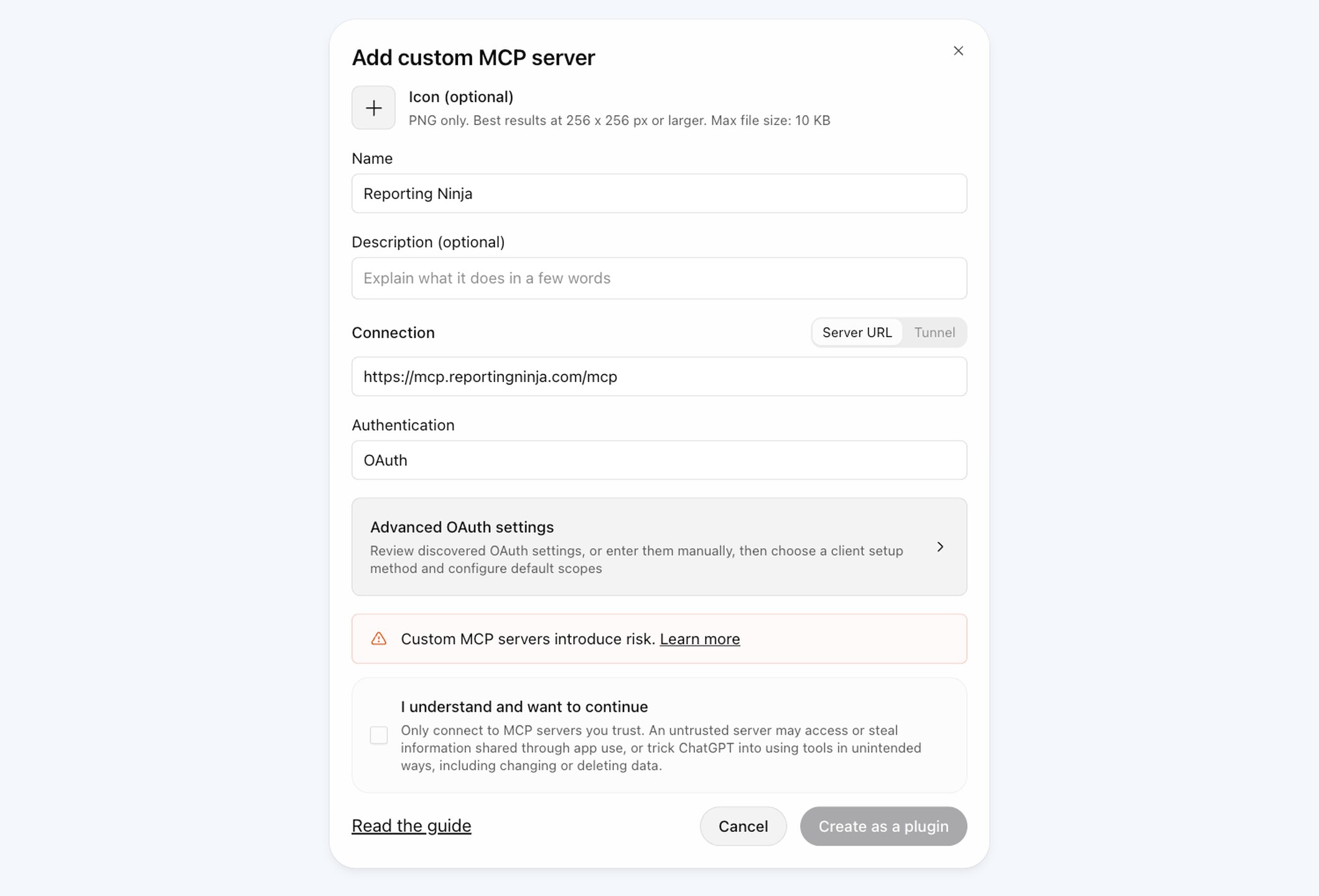 ChatGPT's Add custom MCP server dialog with the Reporting Ninja connector URL and OAuth authentication