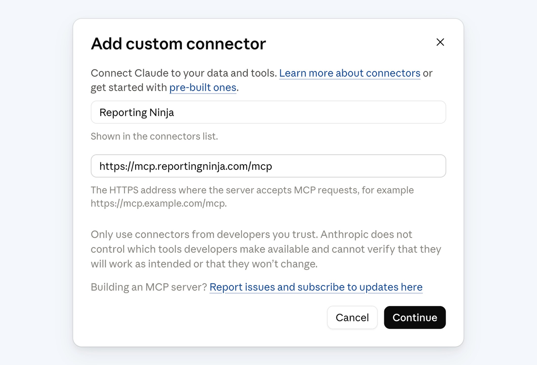Claude's Add custom connector dialog with the Reporting Ninja connector URL