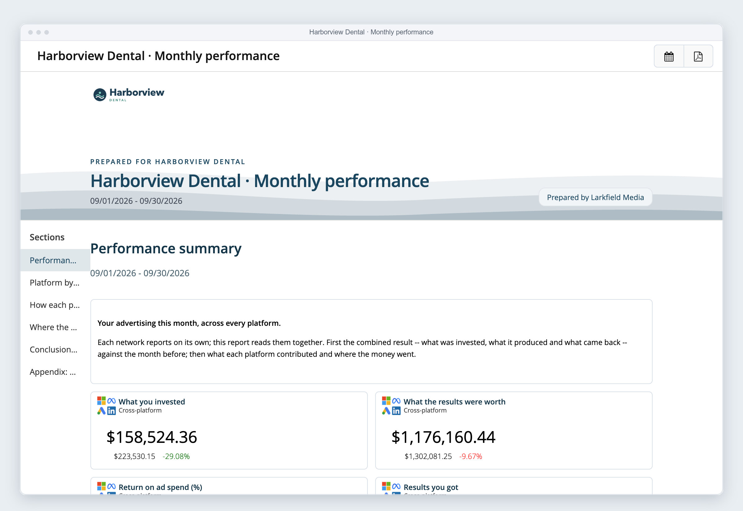 A shared report link open in the browser in the client's brand