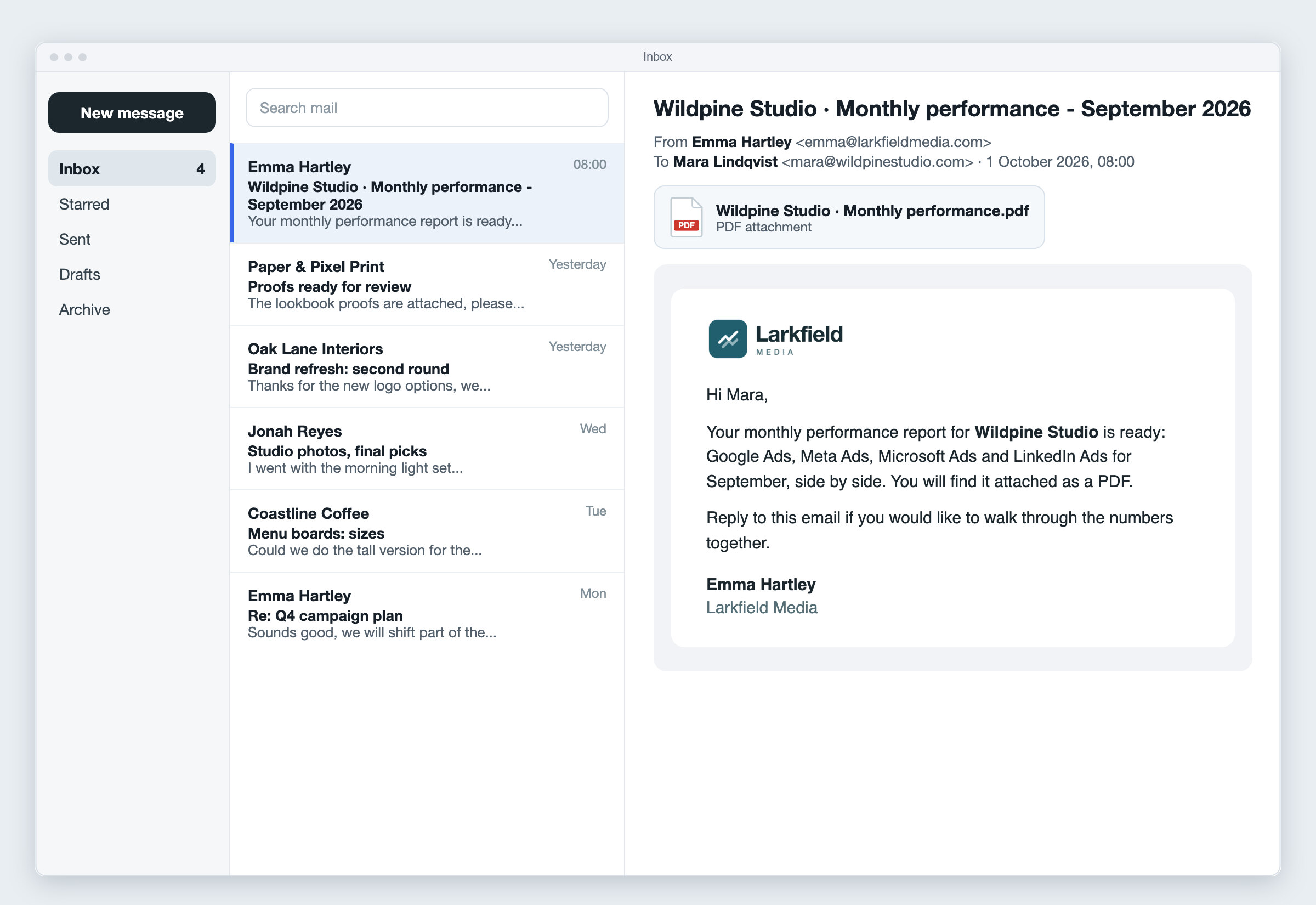 The scheduled report email with the PDF, in the agency's email template