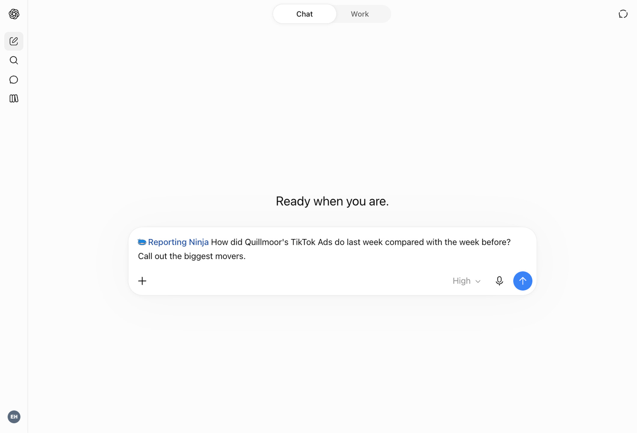A new ChatGPT chat with the Reporting Ninja app selected and a question about a client's ad accounts