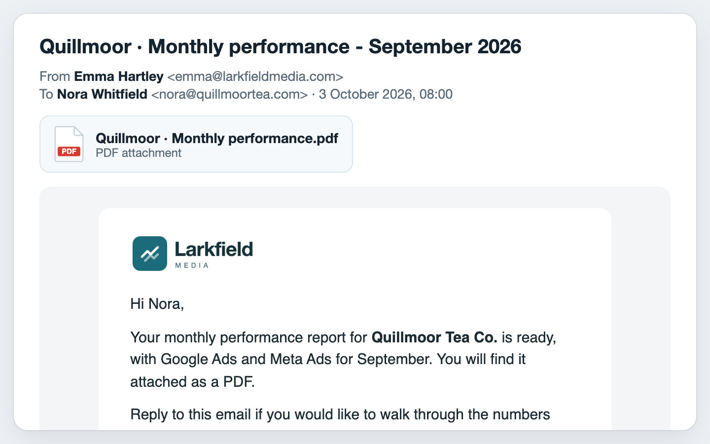 The monthly report email with the PDF attached, sent with the agency's email template