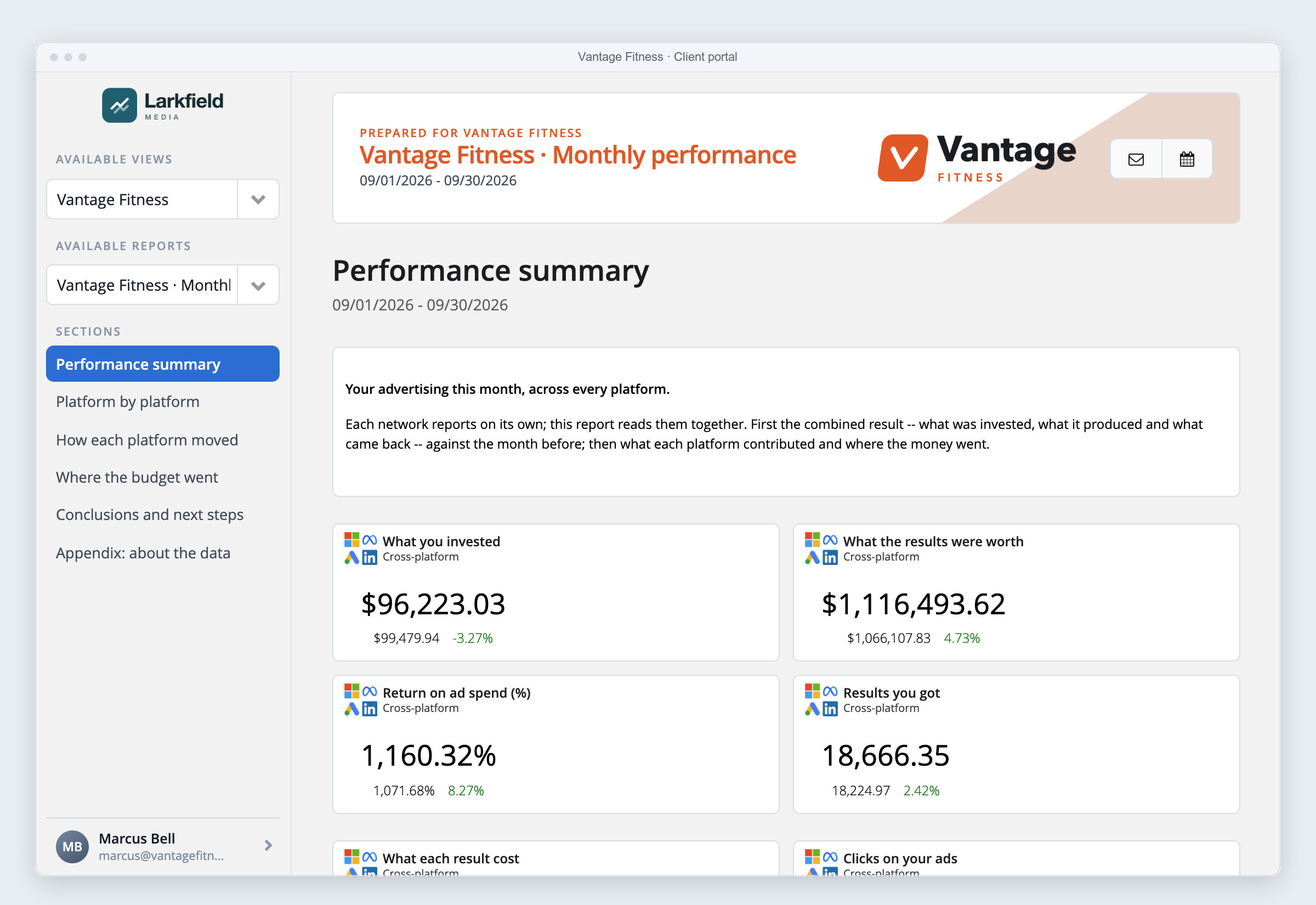 A client's portal in their brand, with their reports