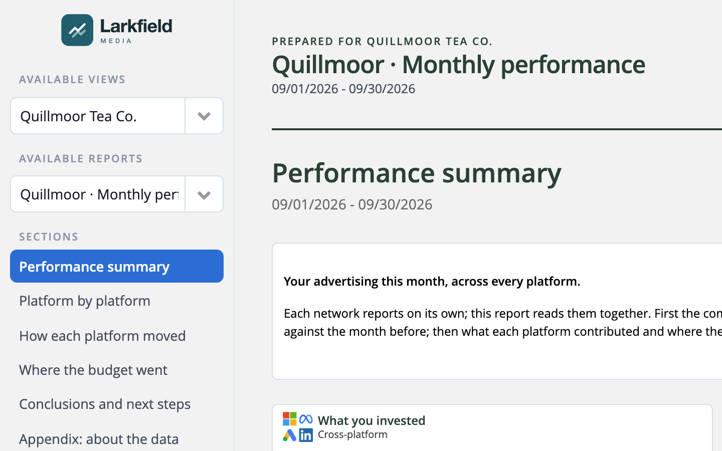 The client portal with the monthly report, in the client's brand