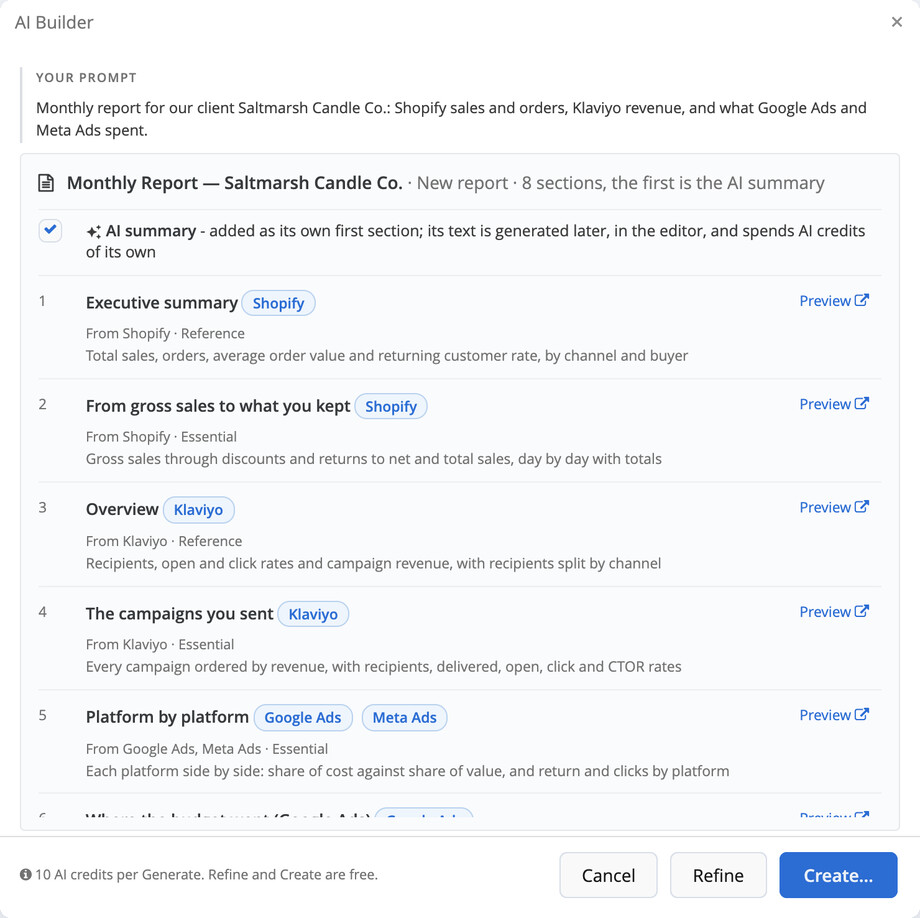 AI Builder in Reporting Ninja proposing a store's monthly report from a prompt about Shopify, Klaviyo, Google Ads and Meta Ads