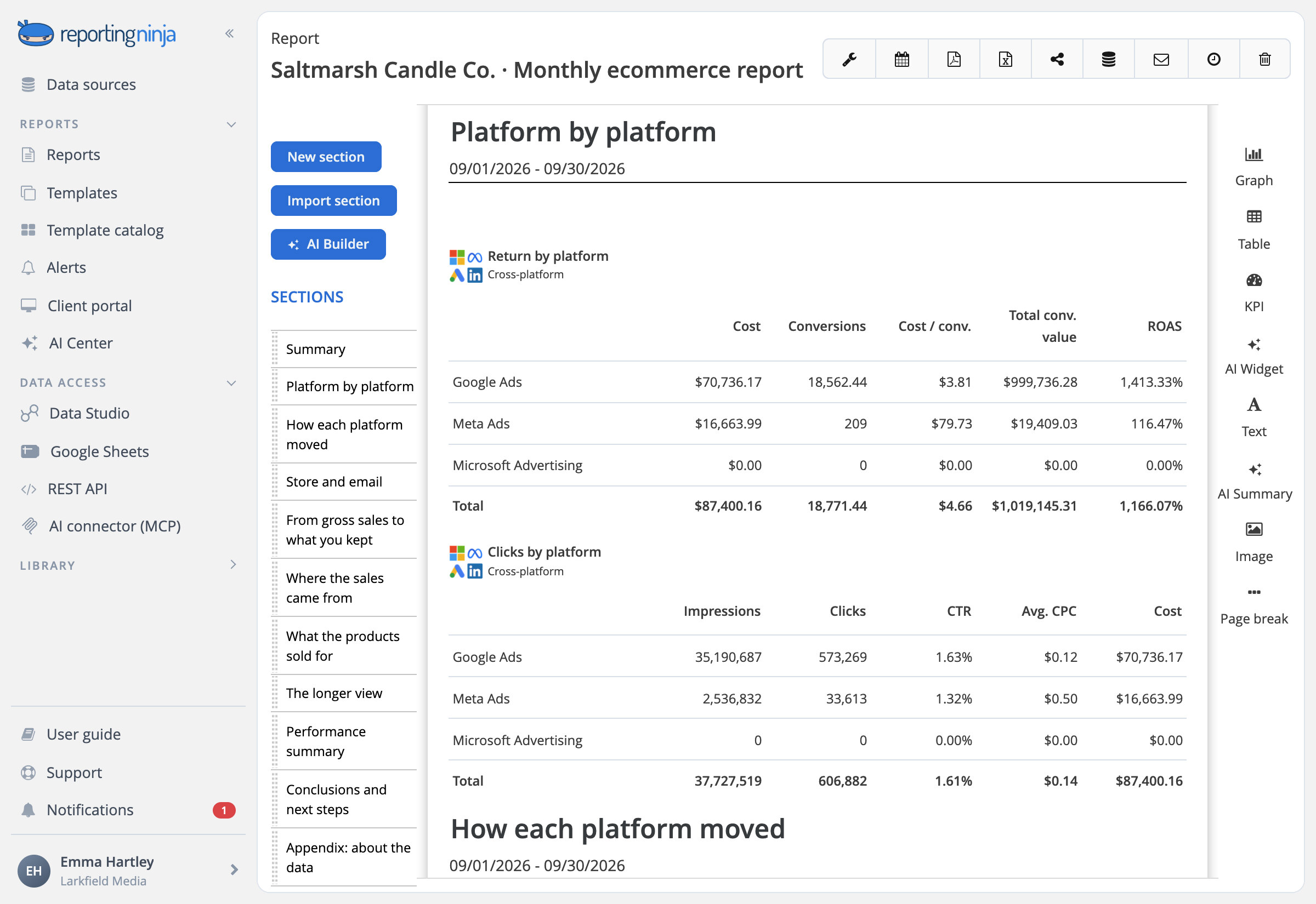 Cross-platform table in Reporting Ninja with each ad platform's spend, conversion value and ROAS for a store, plus the total