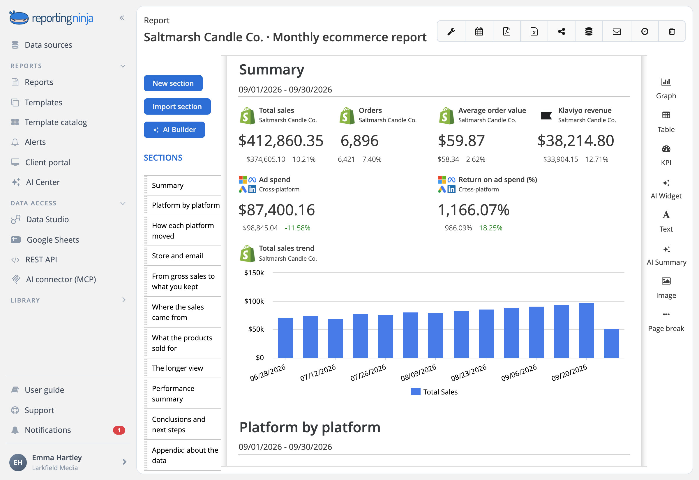 A Shopify store's monthly report in Reporting Ninja with store sales, email revenue and ad spend side by side