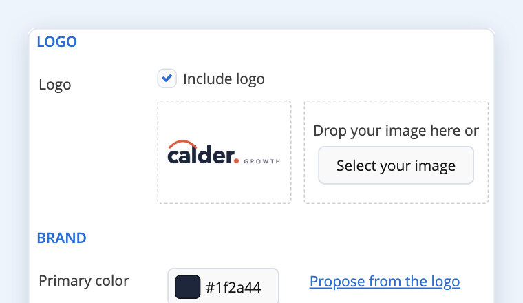 The consultant's brand template with its logo and brand color