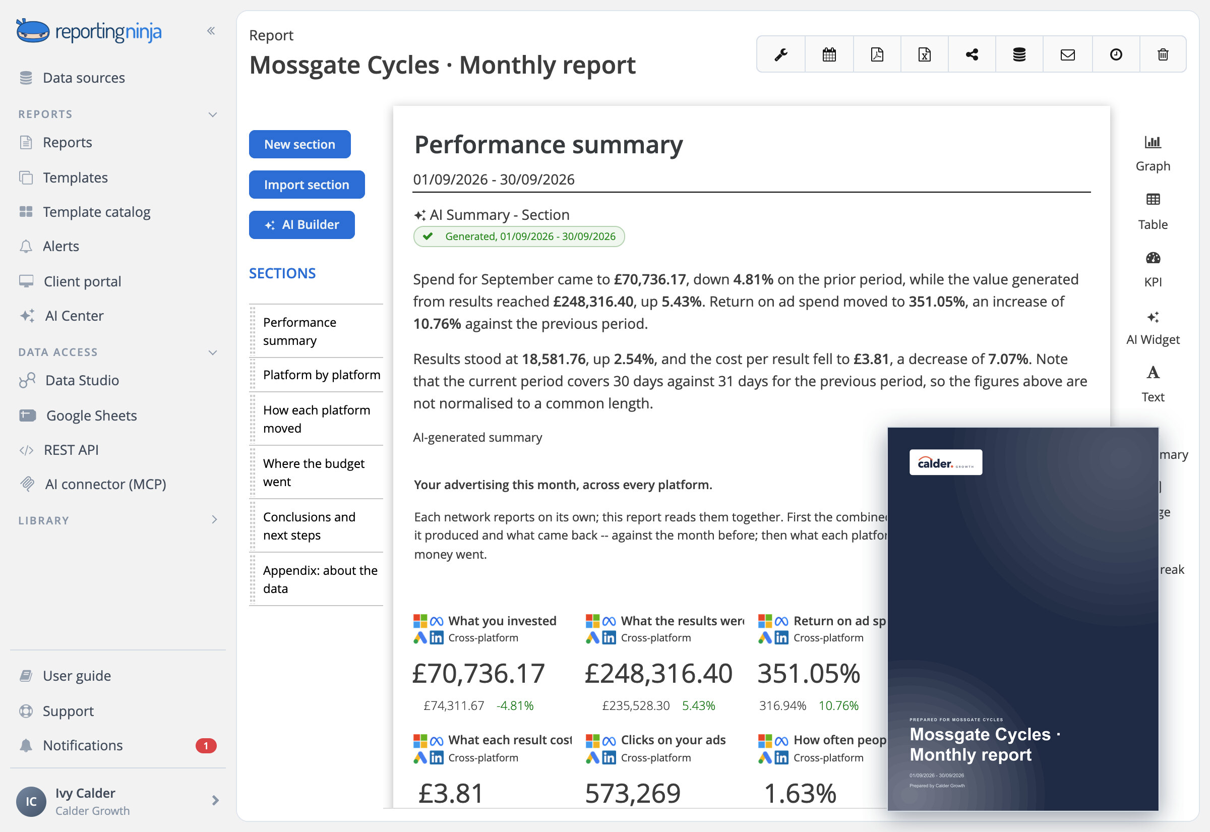A client's monthly report in Reporting Ninja and its PDF cover in the consultant's brand