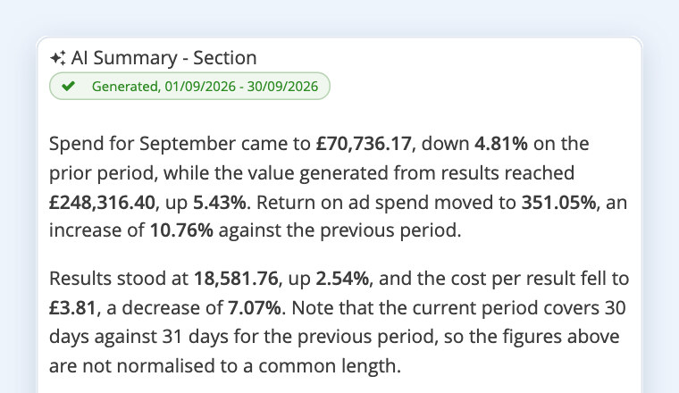 AI Summary of a client's month, written from the report's own figures
